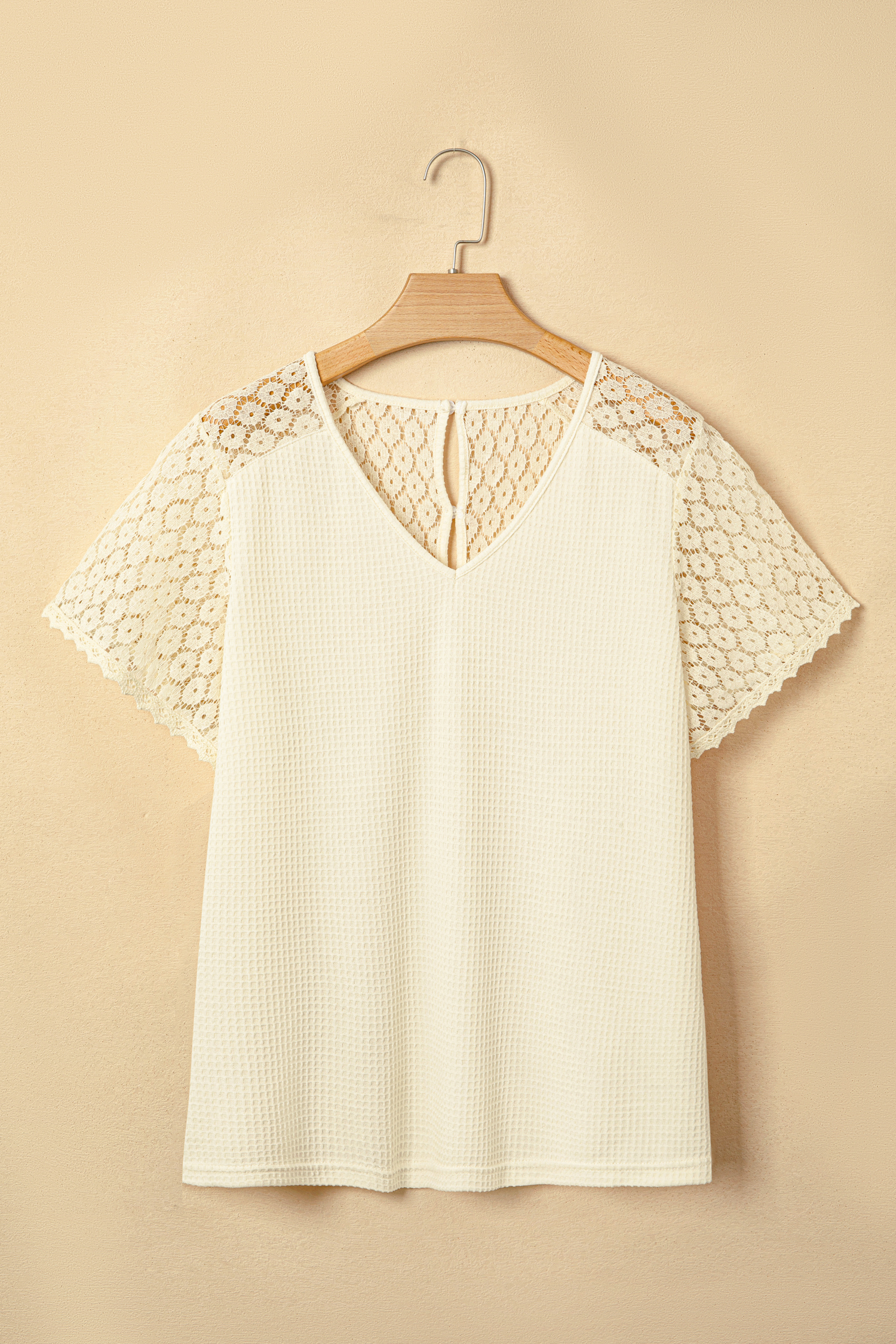 Beige Lace Splicing Button Cutout V Neck Waffle Knit Blouse view 5
