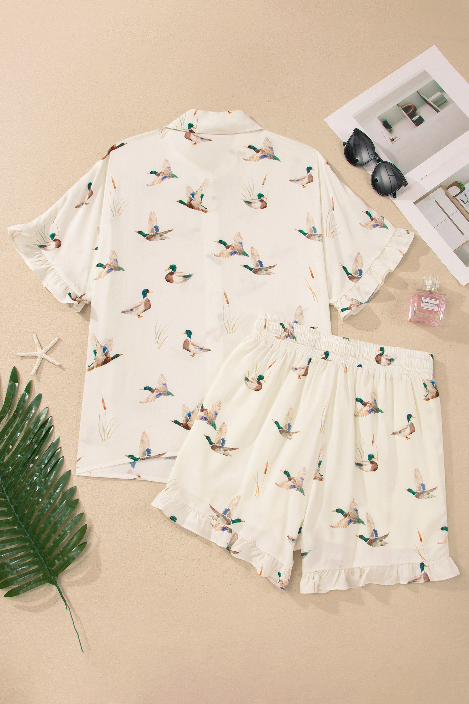 Beige Mallard Print Shirt Style Short Two Piece Set view 10