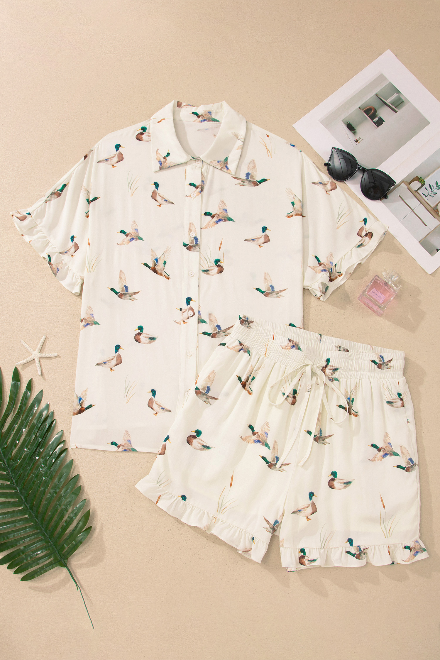 Beige Mallard Print Shirt Style Short Two Piece Set view 9