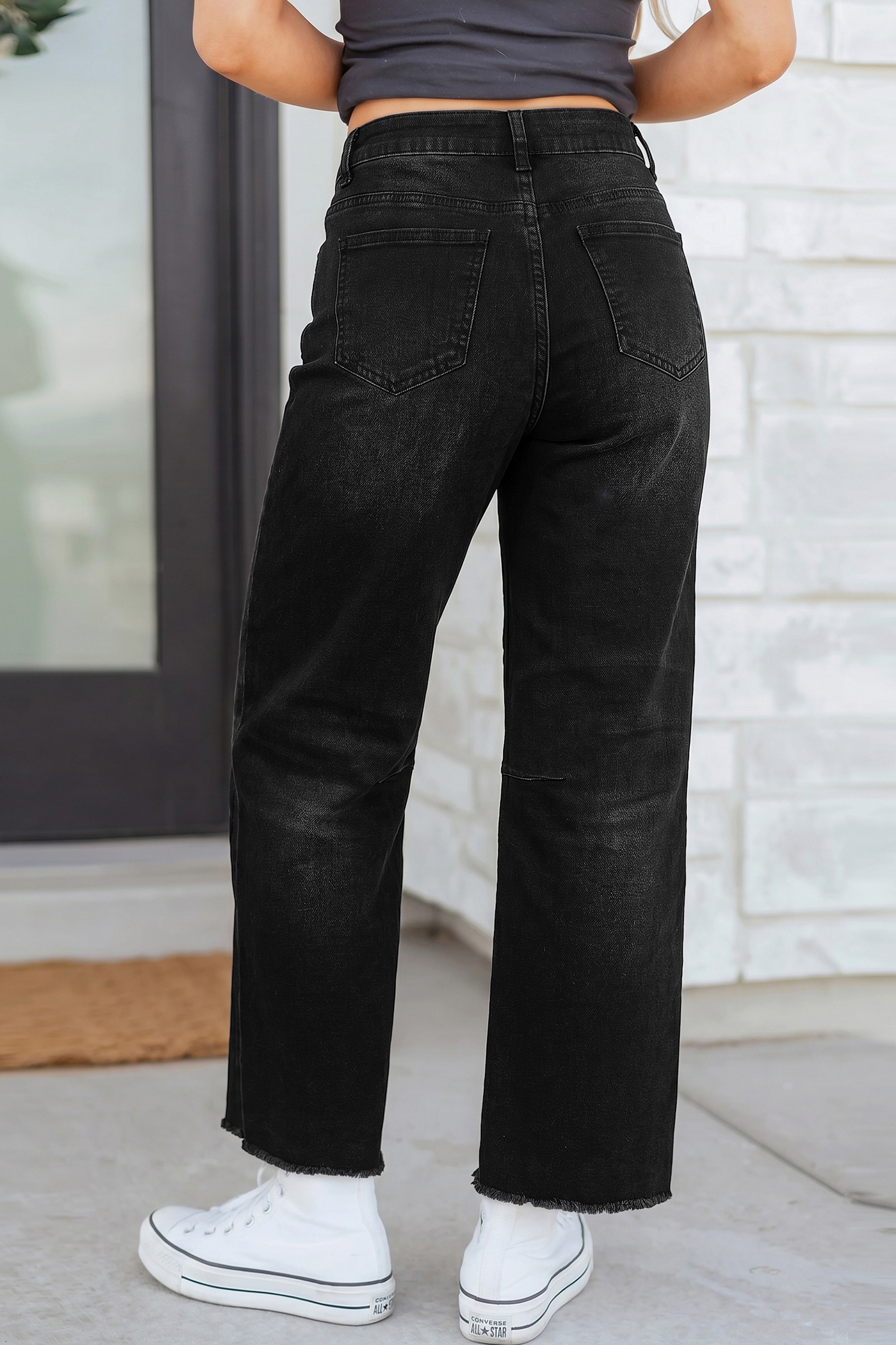 Black Frayed Cropped Barrel Jeans view 2