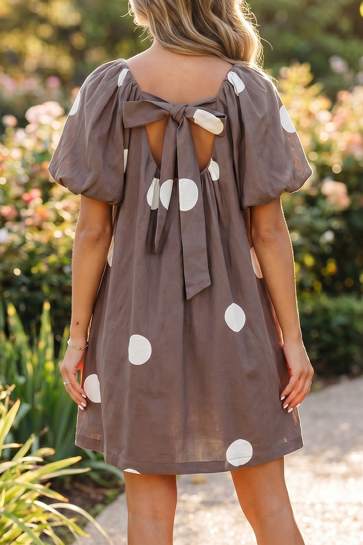 Brown Polka Dot Print Knot Back Short Puff Sleeve Loose Mini Dress view 2