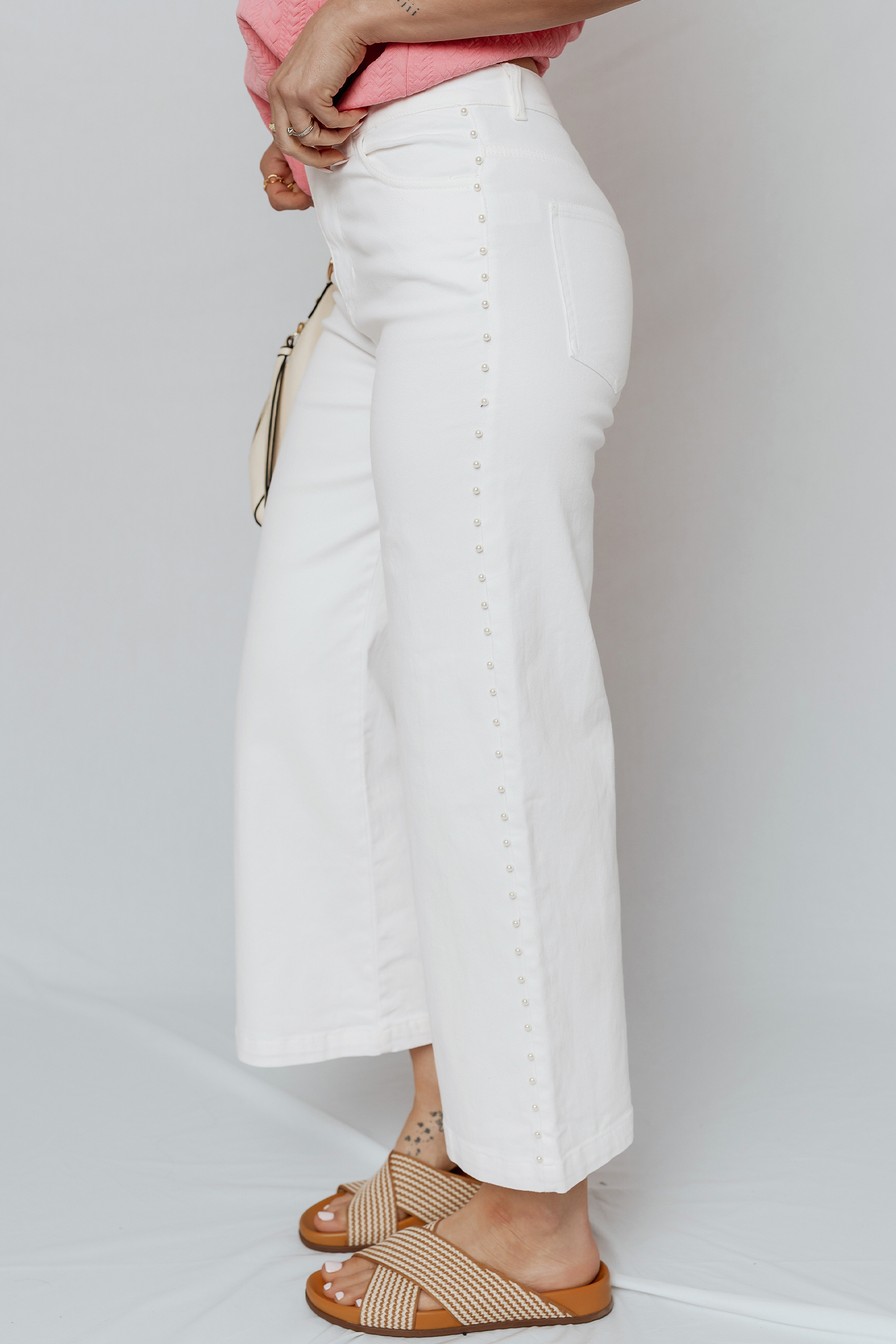 White Pearl Embellished Side Seam Ankle-length Shift Jeans view 3