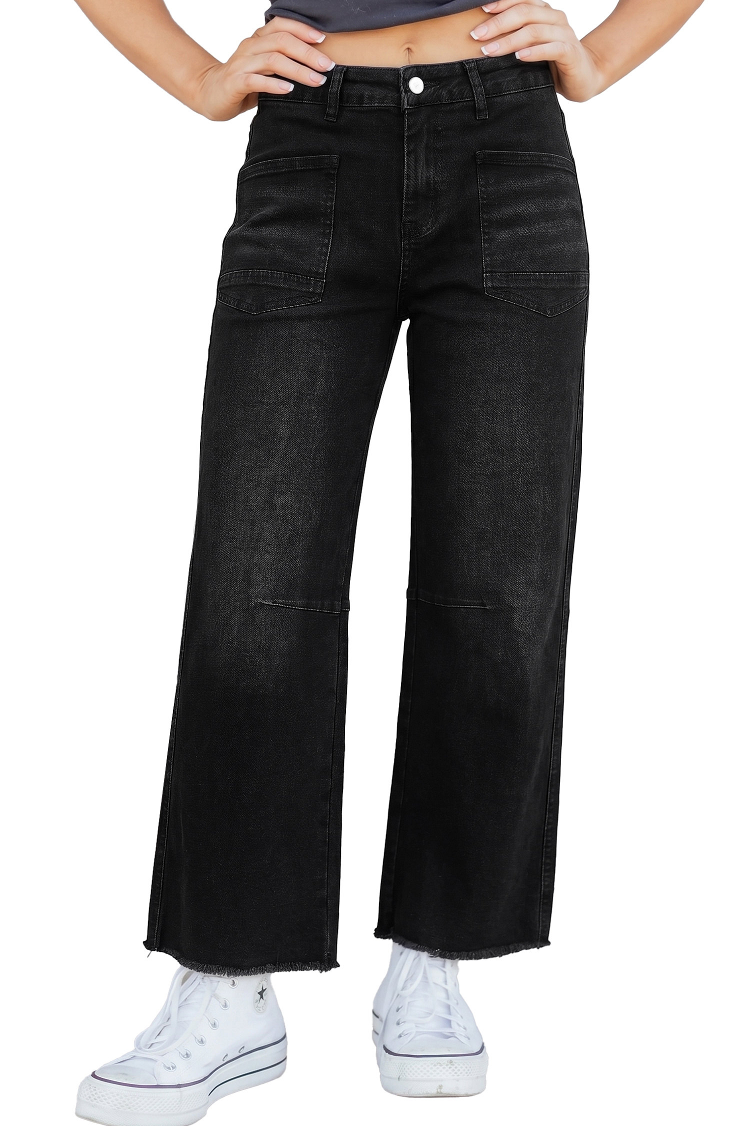 Black Frayed Cropped Barrel Jeans view 16