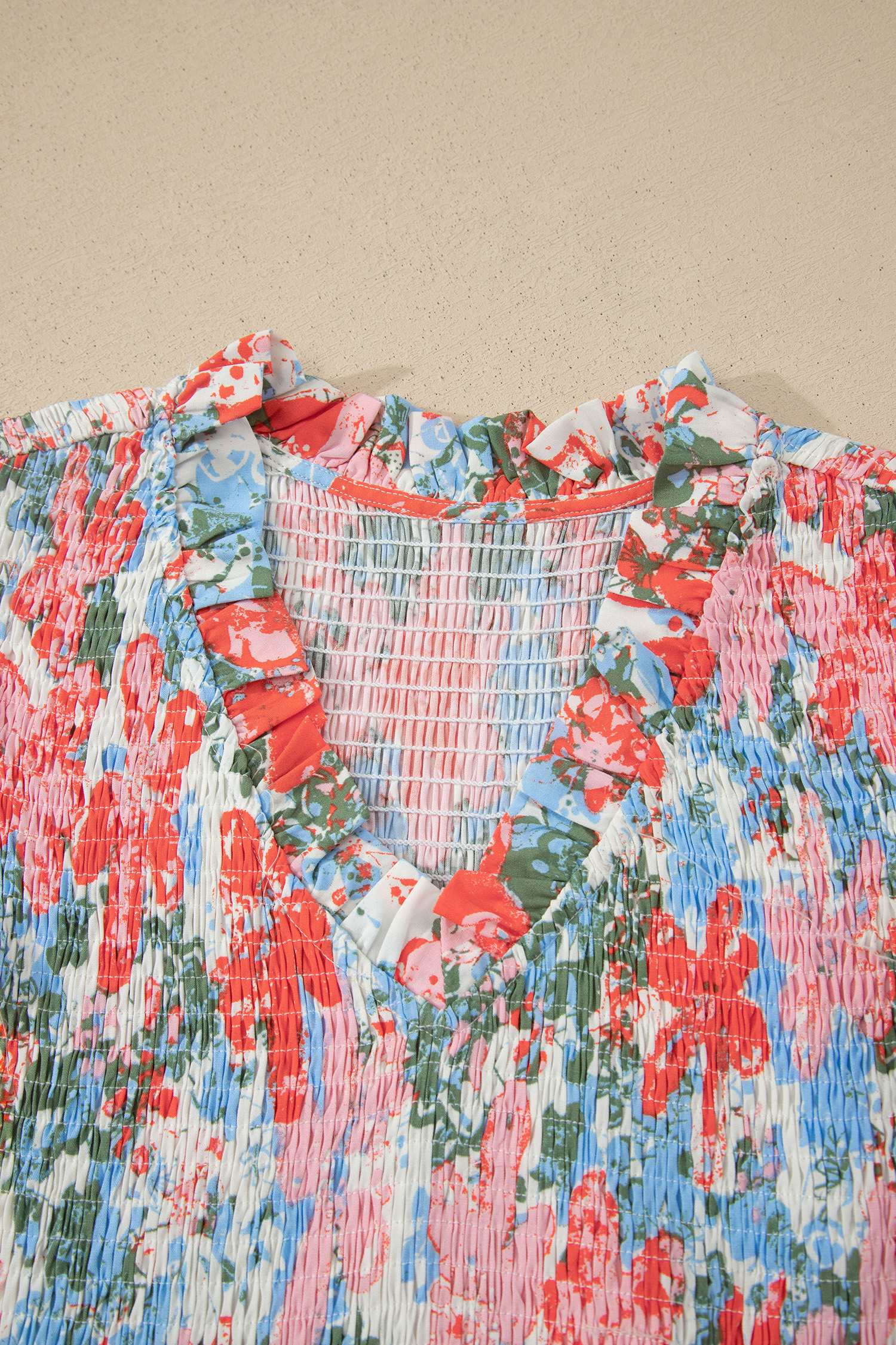 Apricot Floral Print V Neck Contrast Trim Flutter Sleeve Long Dress