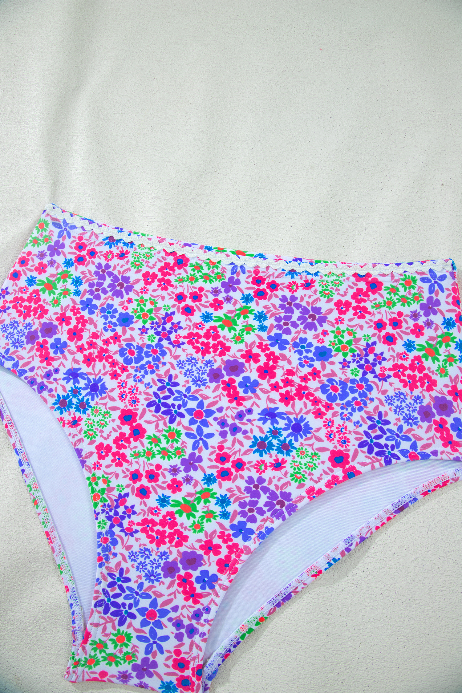 Purple Floral Print Lace Trim Spaghetti Strap Ruched Bikini High Waist Swimsuit view 15