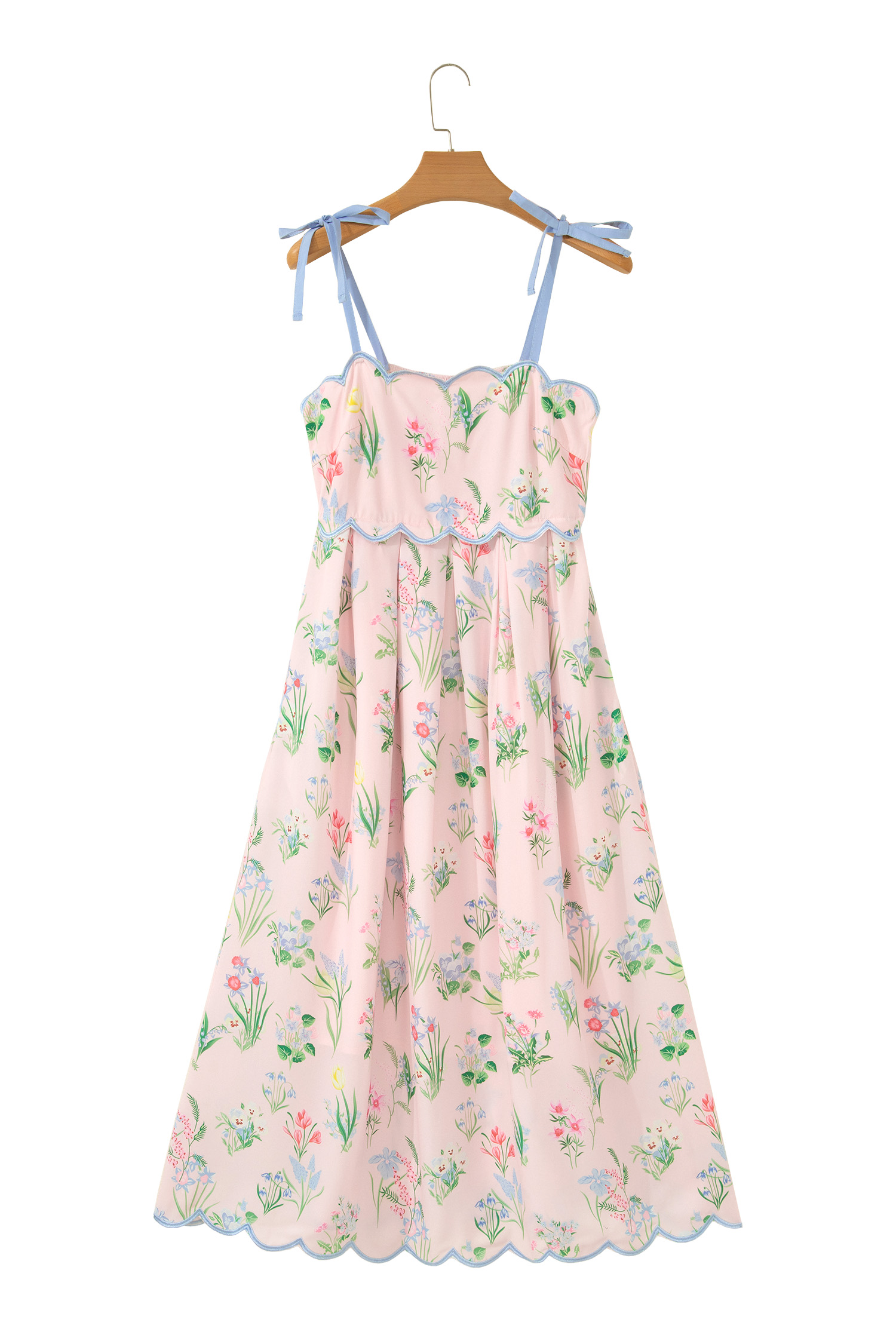 Pink Floral Print Contrast Trim Self-tie Straps High Waist Midi Dress view 23