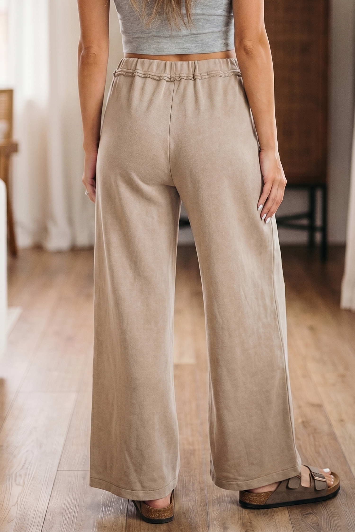 Smoke Gray Mineral Wash Drawstring Retro High Waist Wide Leg Western Pants view 2