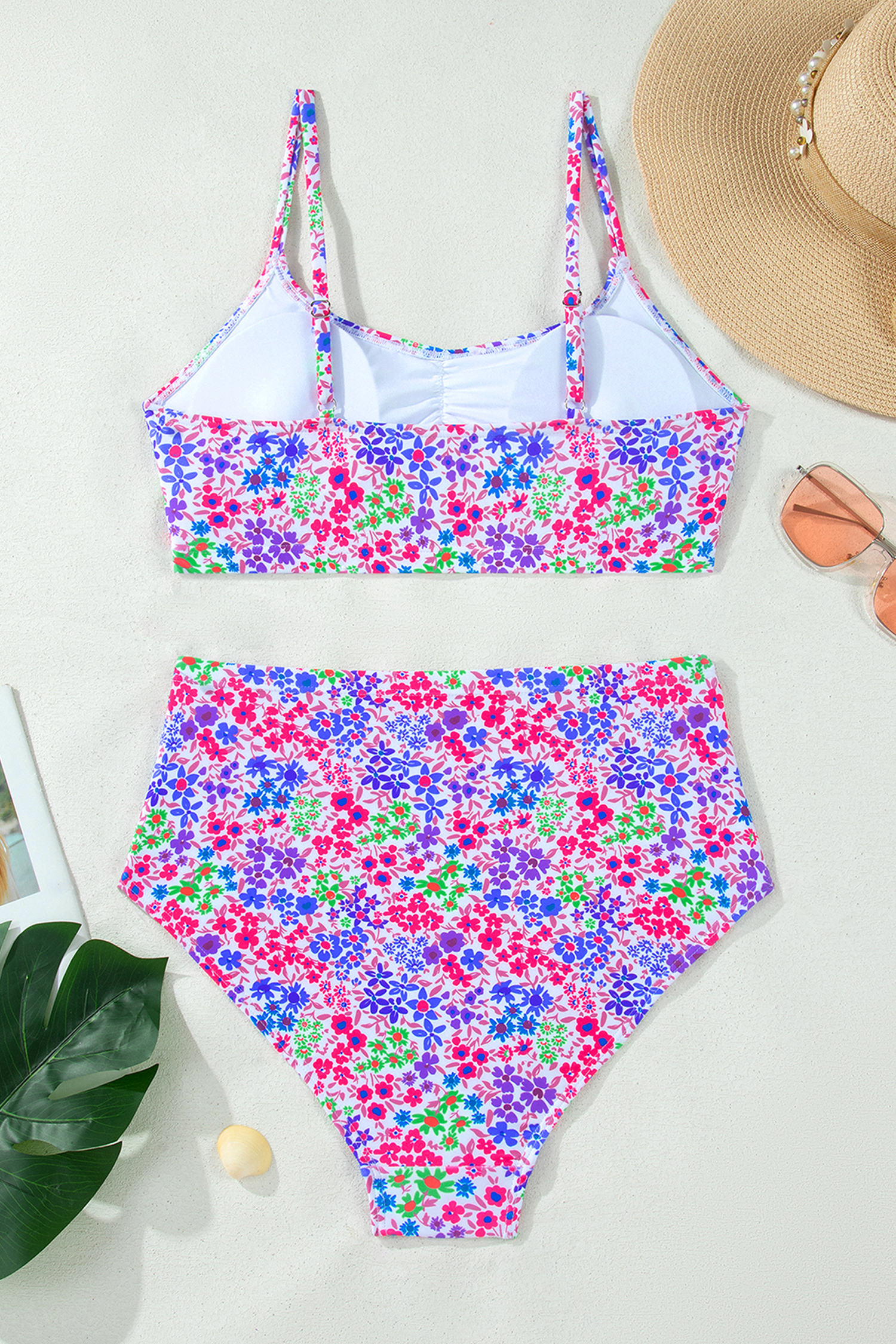 Purple Floral Print Lace Trim Spaghetti Strap Ruched Bikini High Waist Swimsuit view 6