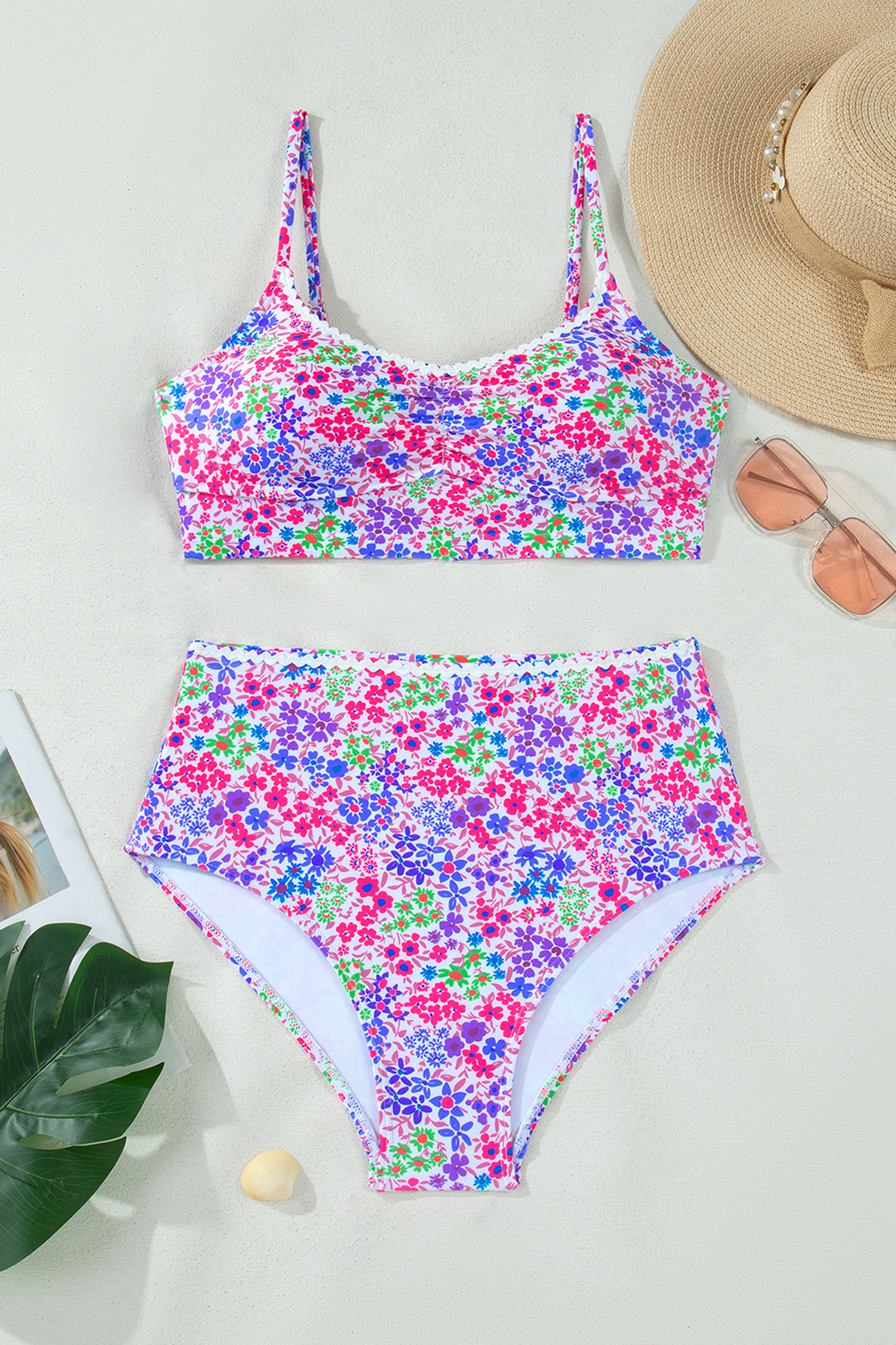 Purple Floral Print Lace Trim Spaghetti Strap Ruched Bikini High Waist Swimsuit view 5