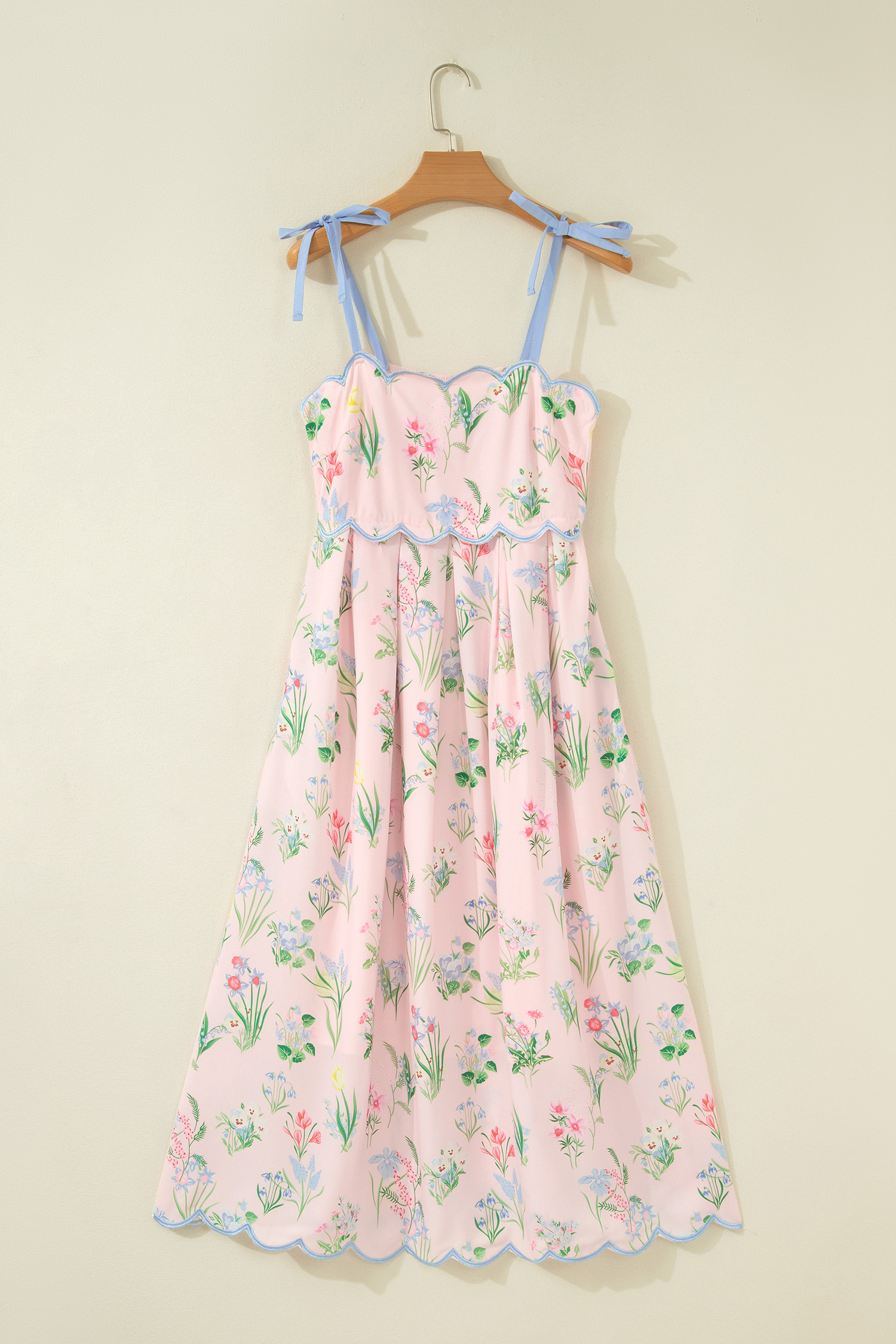 Pink Floral Print Contrast Trim Self-tie Straps High Waist Midi Dress view 13