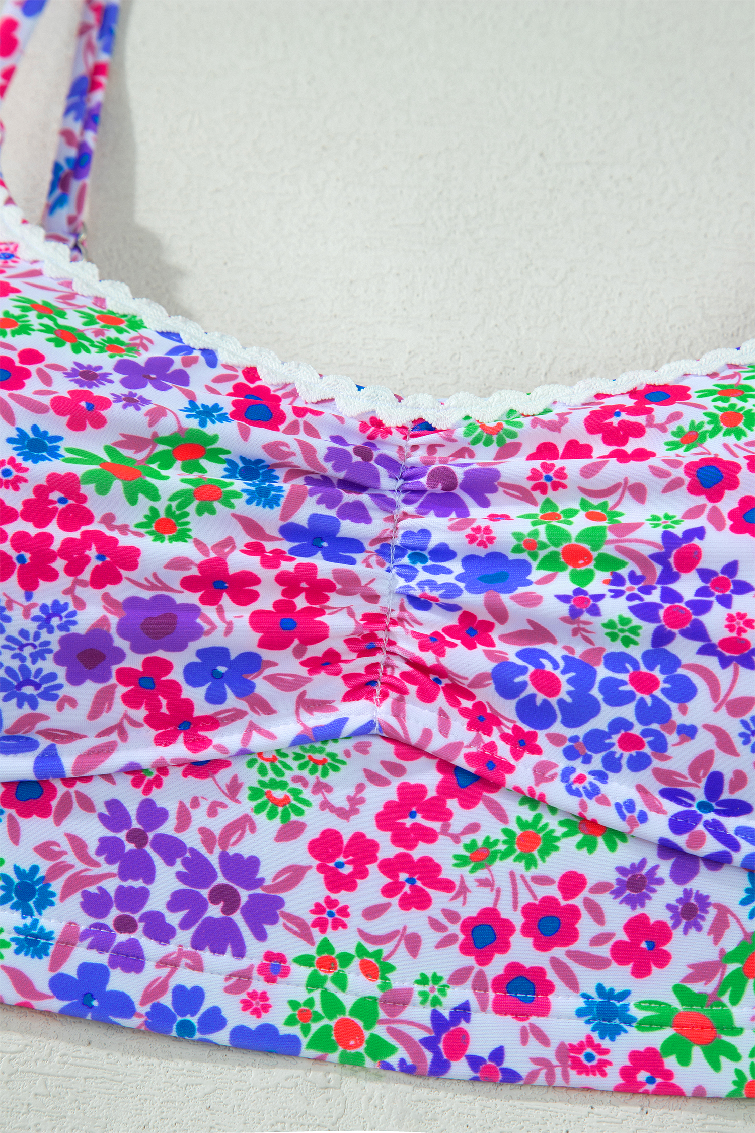Purple Floral Print Lace Trim Spaghetti Strap Ruched Bikini High Waist Swimsuit view 10