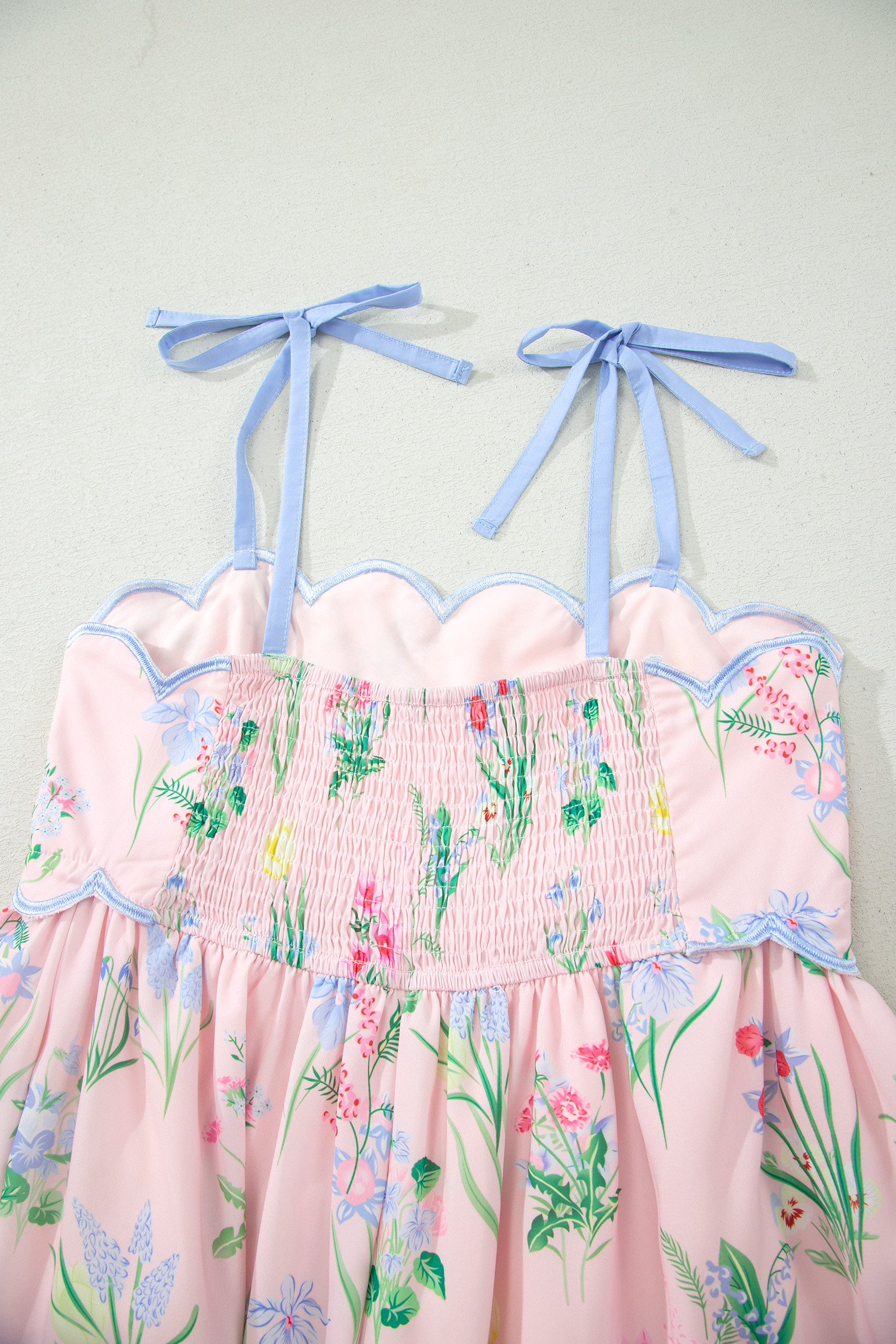 Pink Floral Print Contrast Trim Self-tie Straps High Waist Midi Dress view 16