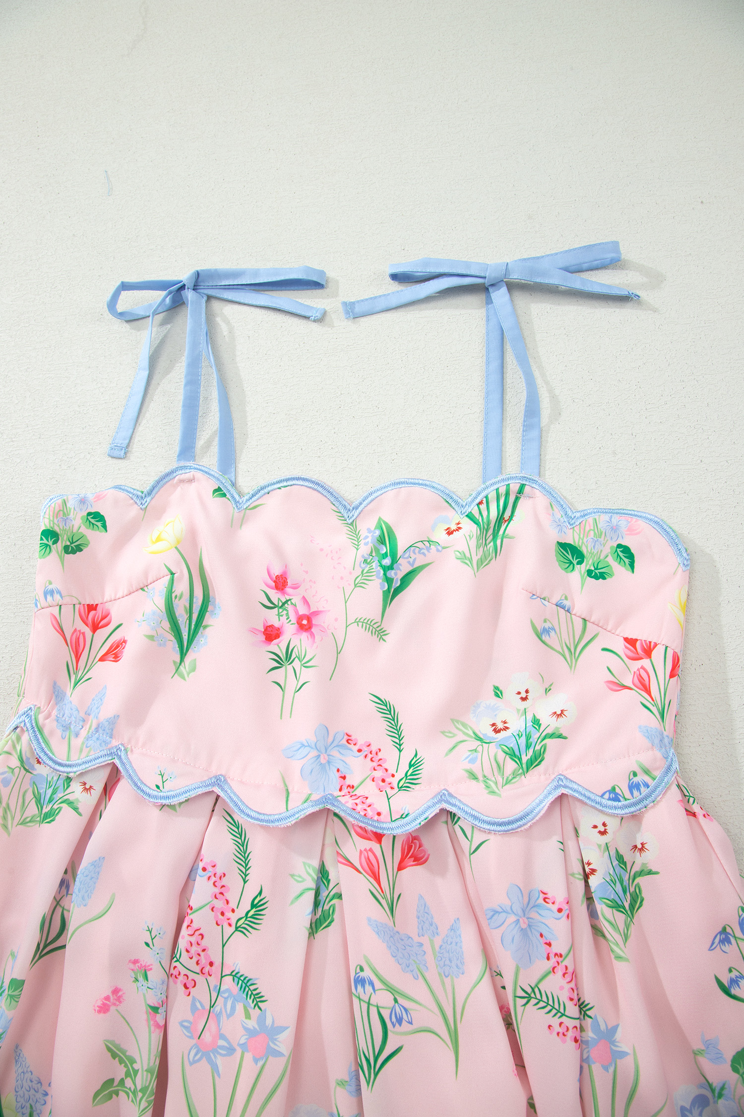 Pink Floral Print Contrast Trim Self-tie Straps High Waist Midi Dress view 22
