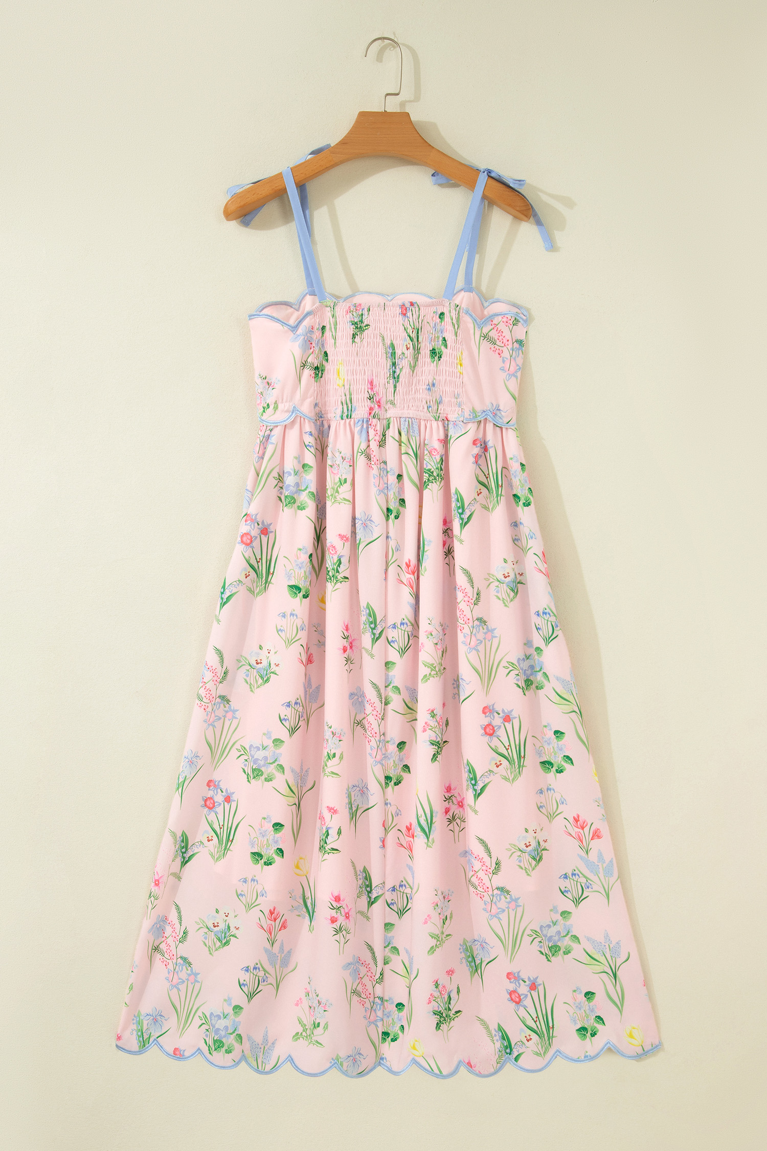 Pink Floral Print Contrast Trim Self-tie Straps High Waist Midi Dress view 14