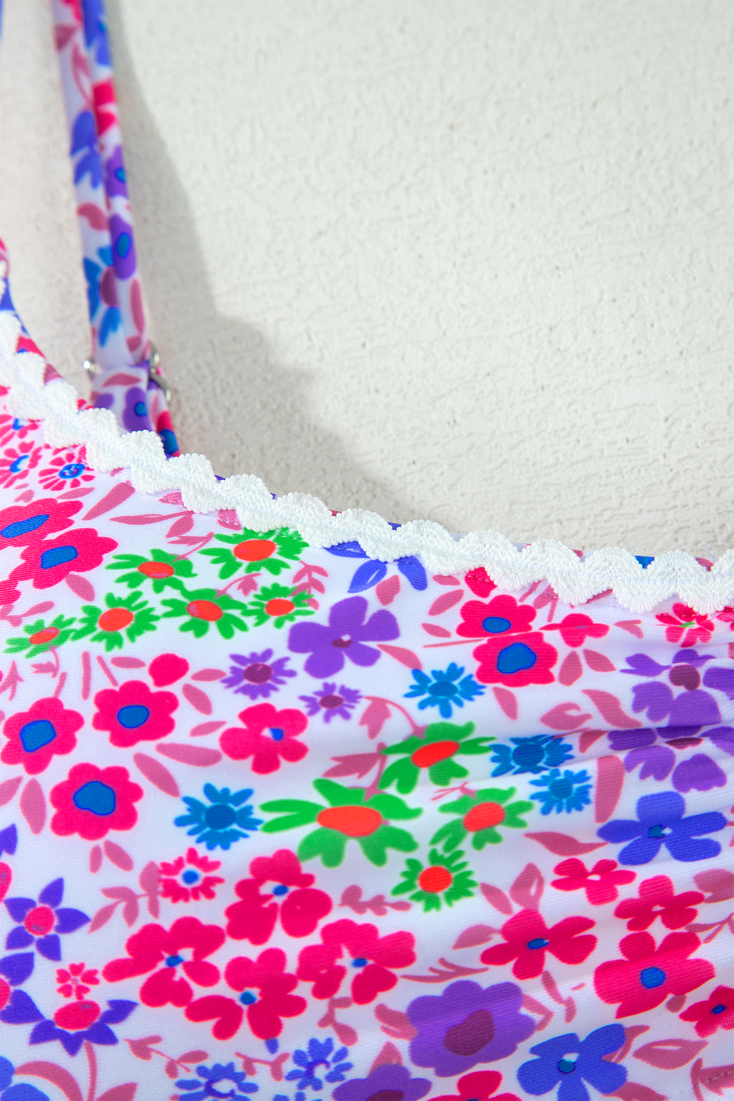 Purple Floral Print Lace Trim Spaghetti Strap Ruched Bikini High Waist Swimsuit view 9