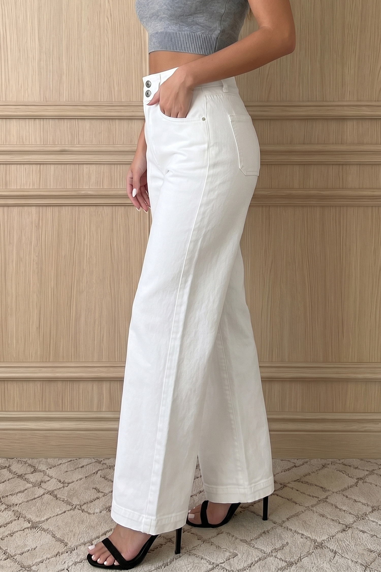 White 2-Button High Waist Wide Leg Jeans view 2