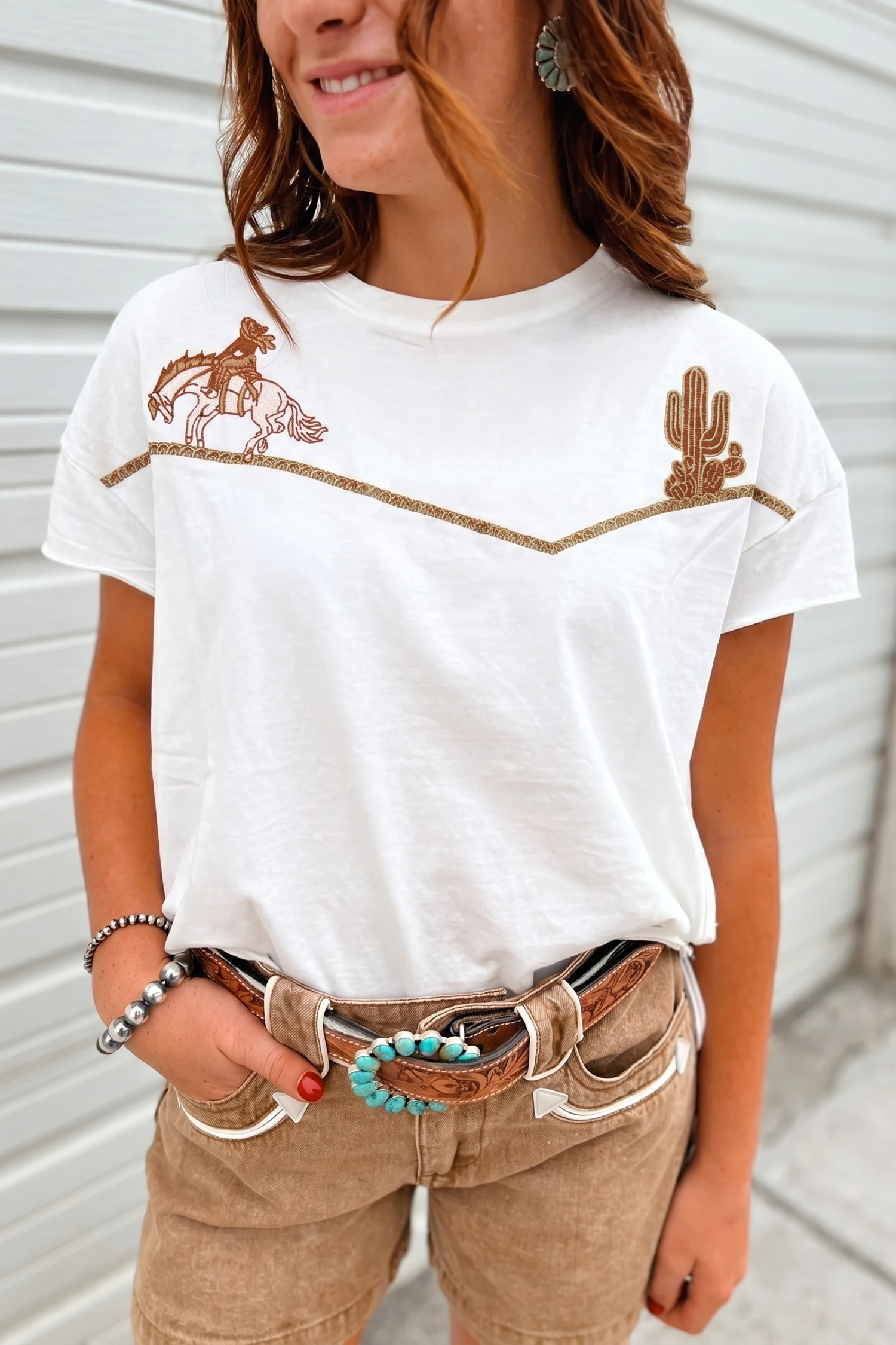 White Western Fashion Embroidered Casual Tee view 11