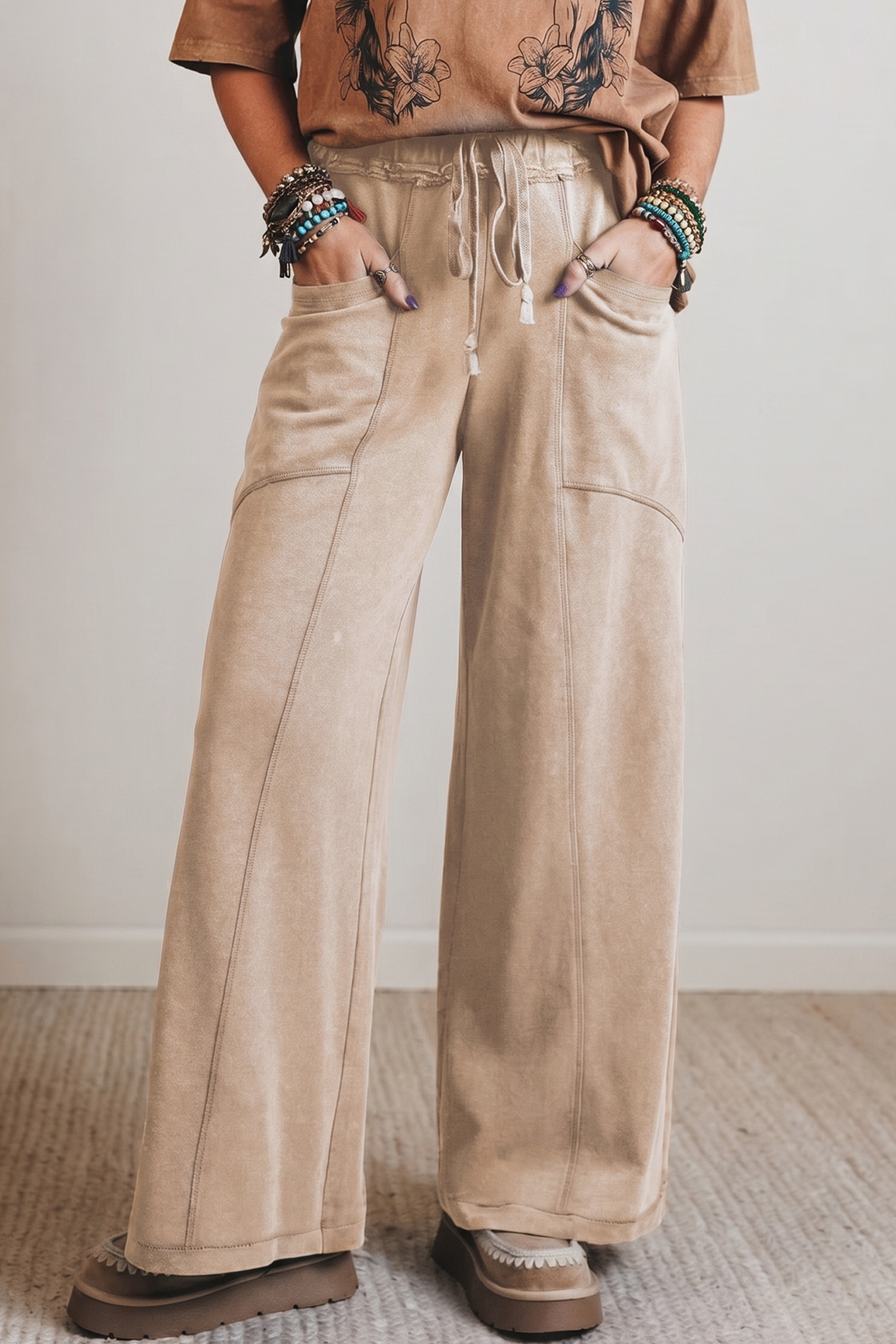 Smoke Gray Mineral Wash Drawstring Retro High Waist Wide Leg Western Pants view 3