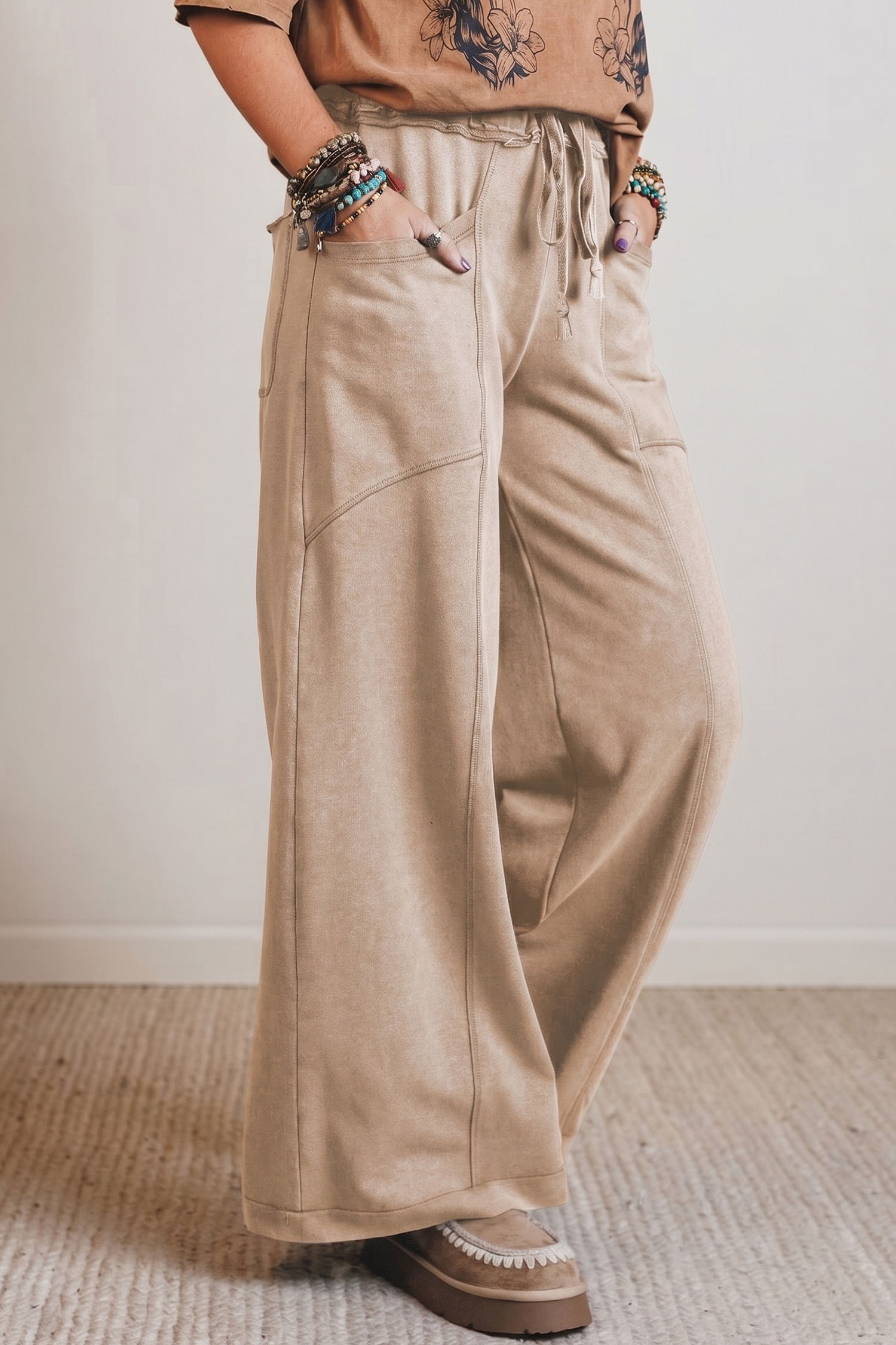 Smoke Gray Mineral Wash Drawstring Retro High Waist Wide Leg Western Pants view 5
