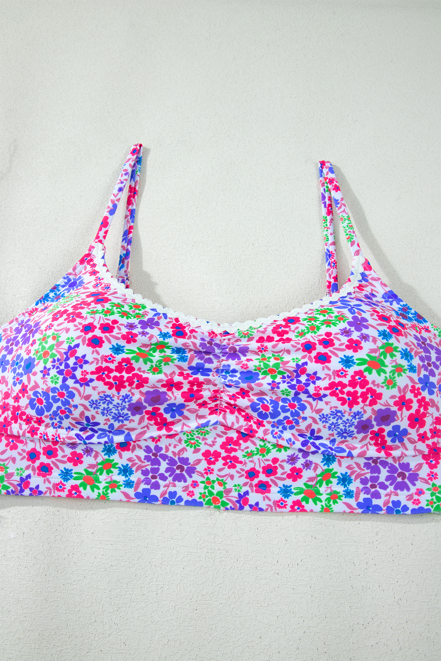 Purple Floral Print Lace Trim Spaghetti Strap Ruched Bikini High Waist Swimsuit view 7