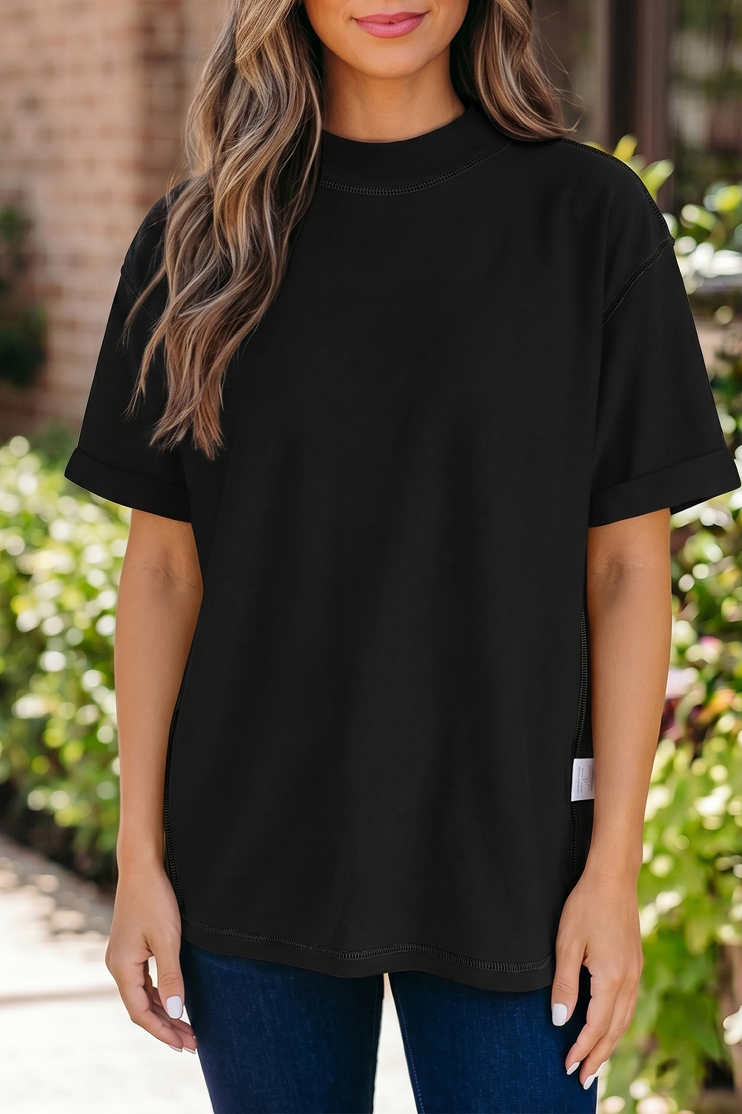 Black Solid Color High Neck Oversize Tee view 3