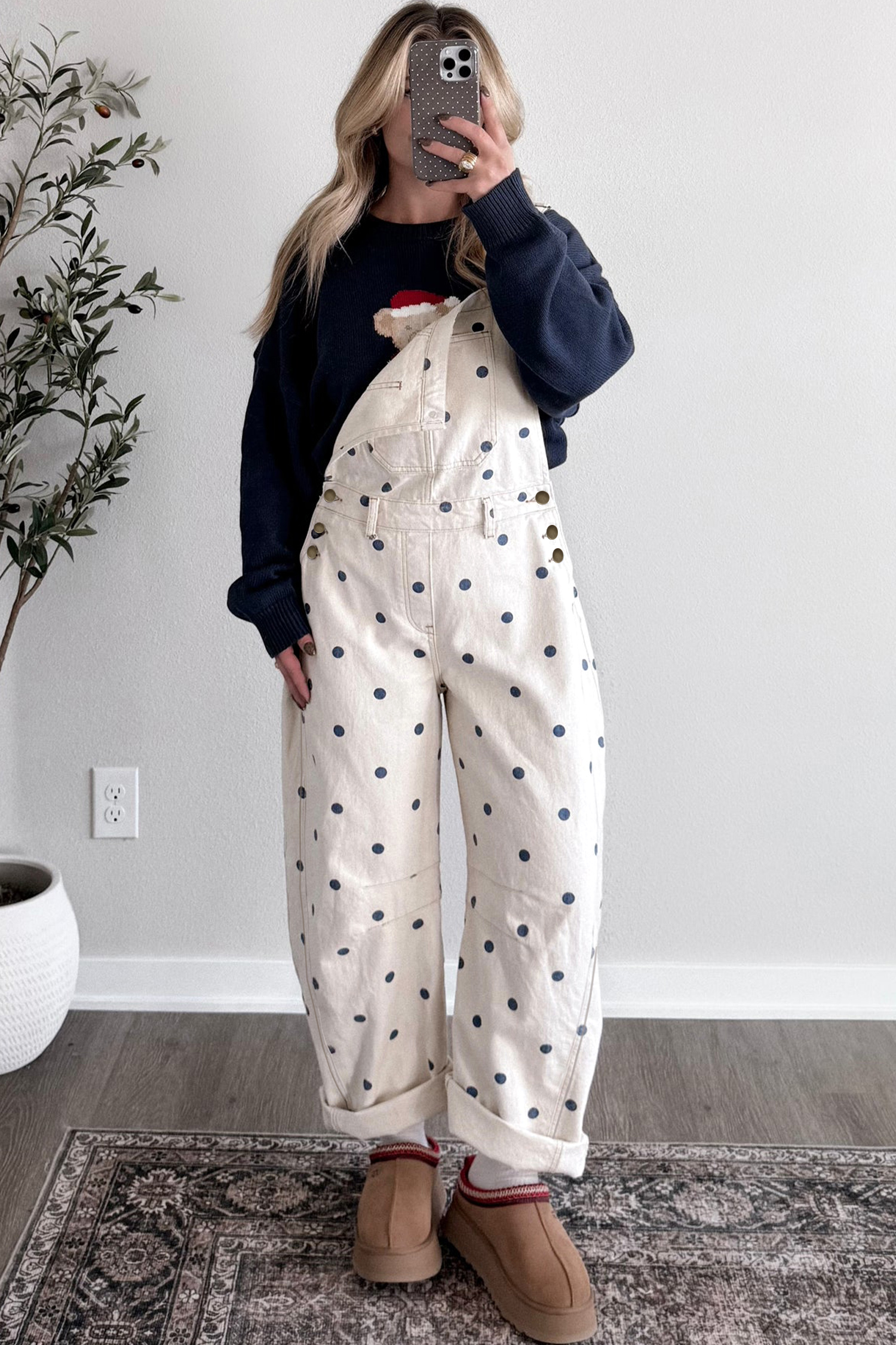 Jet Stream Polka Dot Print Bib Pocket Denim Barrel Overalls Jumpsuit view 12