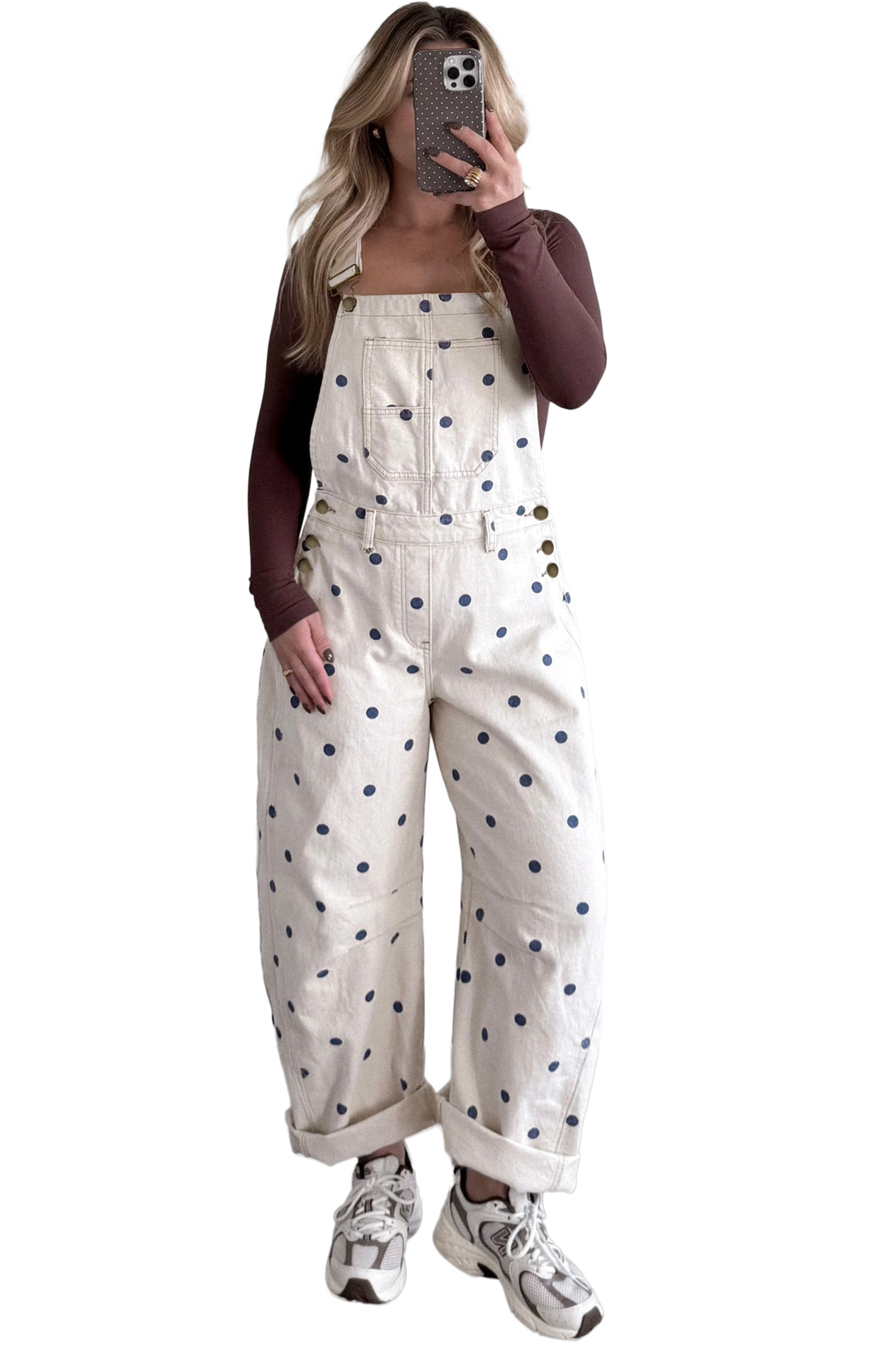 Jet Stream Polka Dot Print Bib Pocket Denim Barrel Overalls Jumpsuit view 22