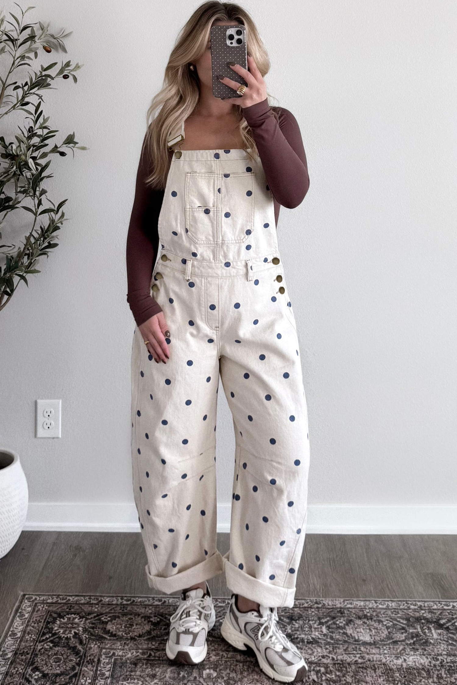 Jet Stream Polka Dot Print Bib Pocket Denim Barrel Overalls Jumpsuit view 10