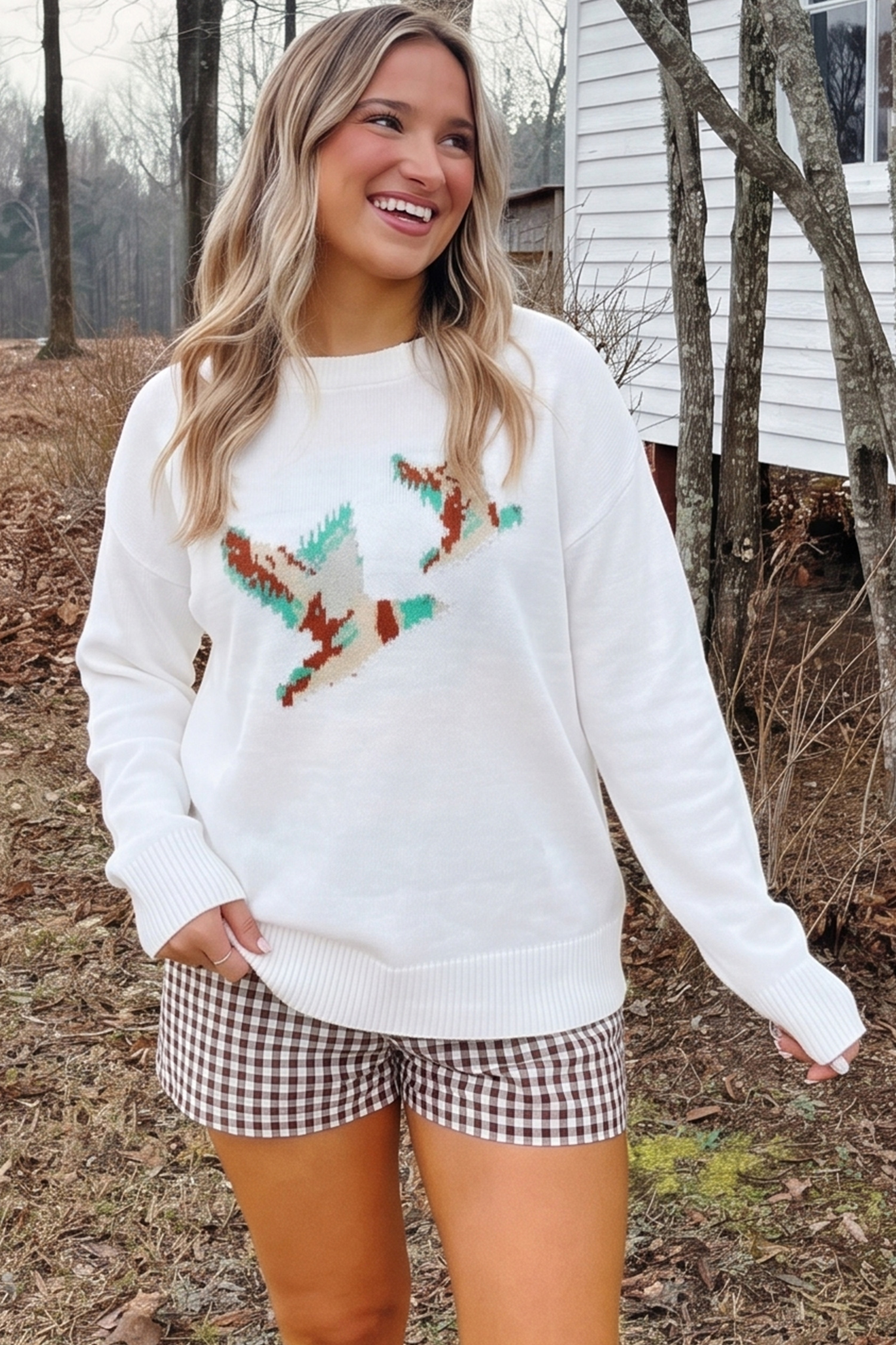 White Drop Shoulder Round Neck Long Sleeve Pullover Sweater view 7