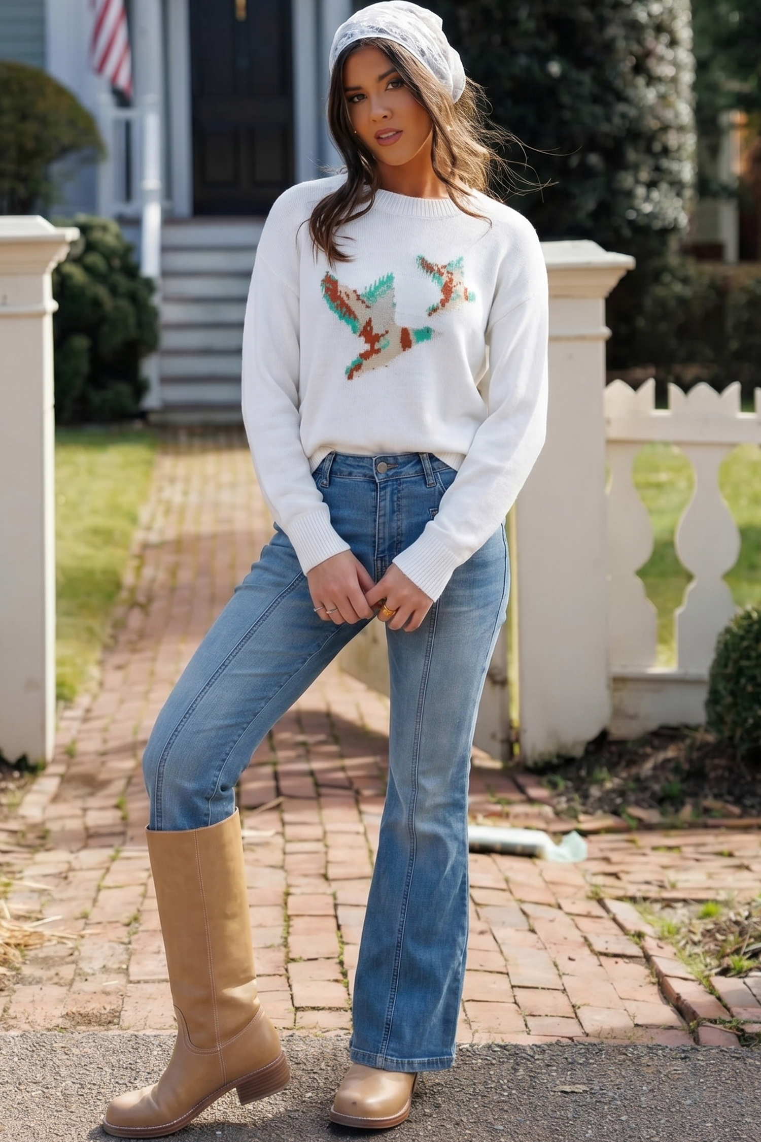 White Drop Shoulder Round Neck Long Sleeve Pullover Sweater view 6