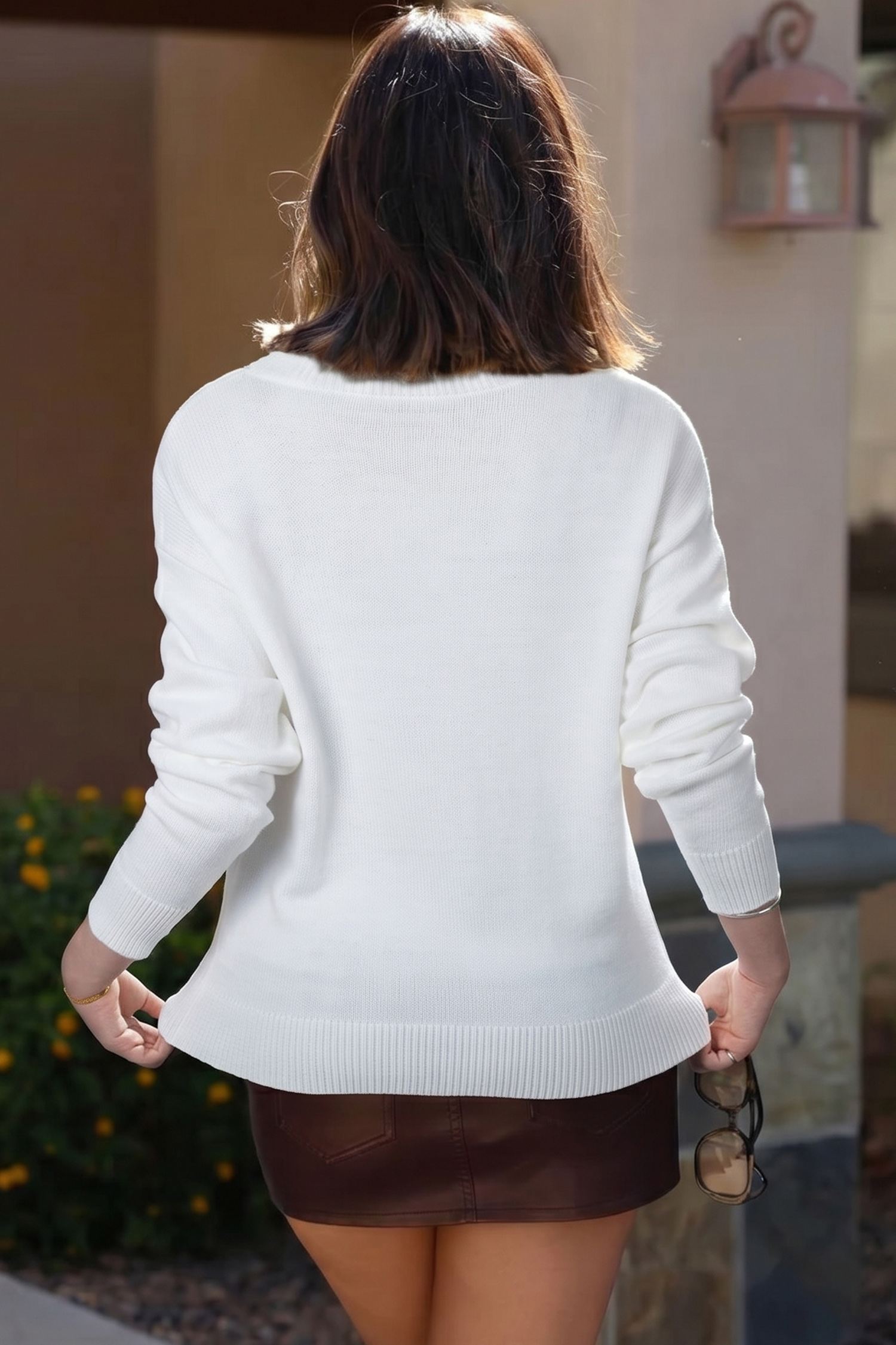 White Drop Shoulder Round Neck Long Sleeve Pullover Sweater view 4