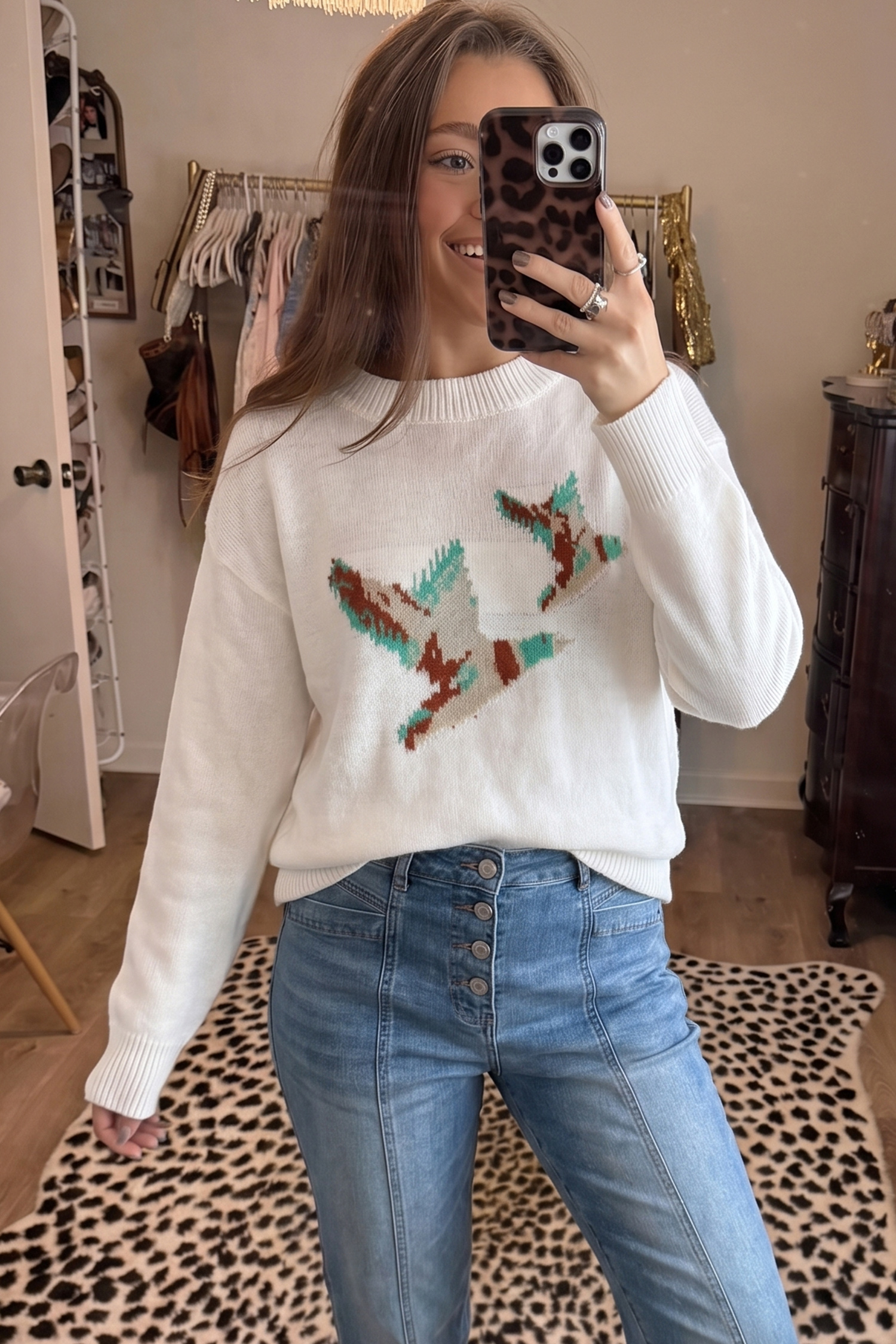 White Drop Shoulder Round Neck Long Sleeve Pullover Sweater view 5