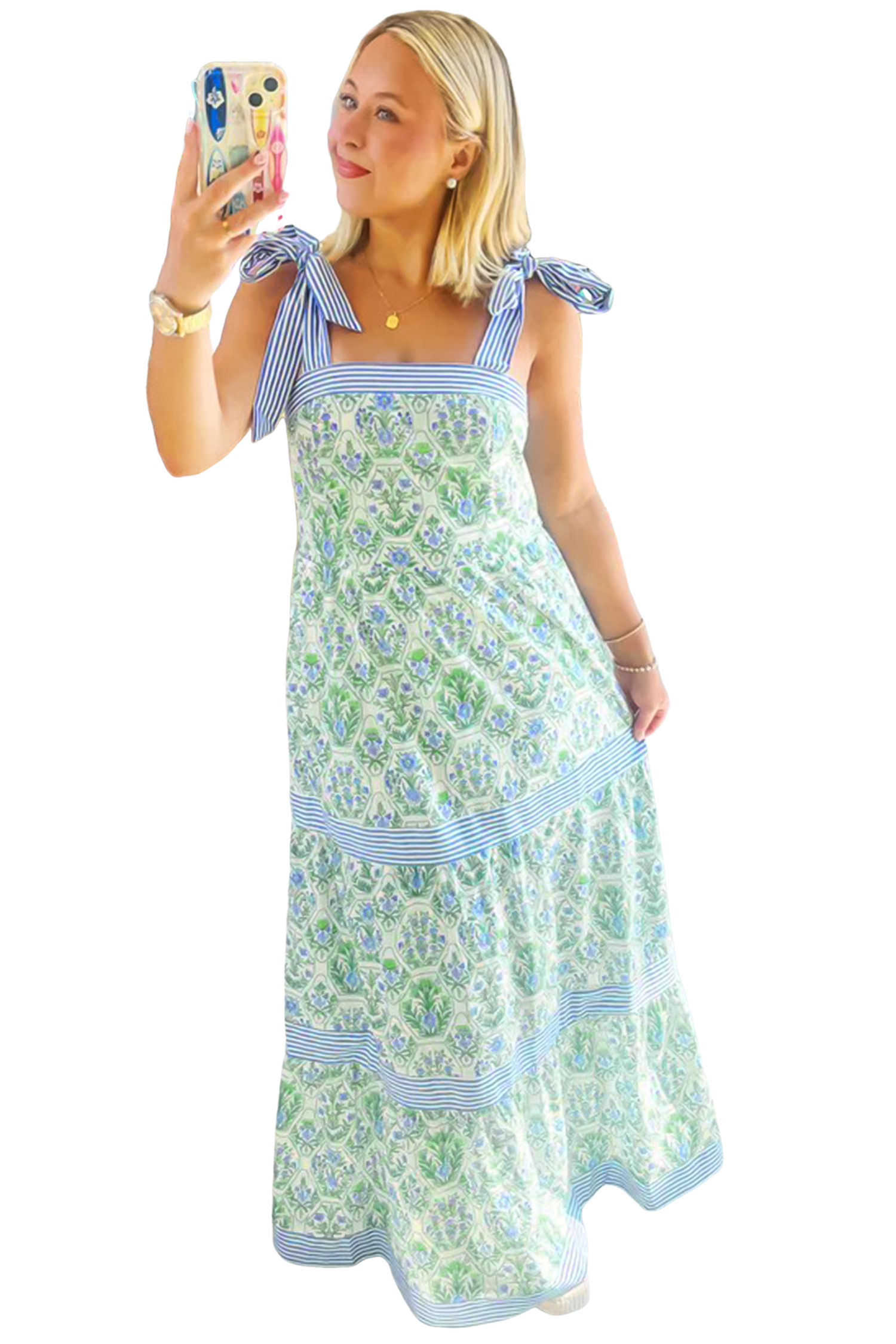 Green Geometric Floral Print Striped Patchwork Detail Sleeveless Dress（Runs Small ） view 25
