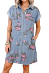 Sky Blue Denim Floral Print Cuffed Short Sleeve Button Down Shift Dress