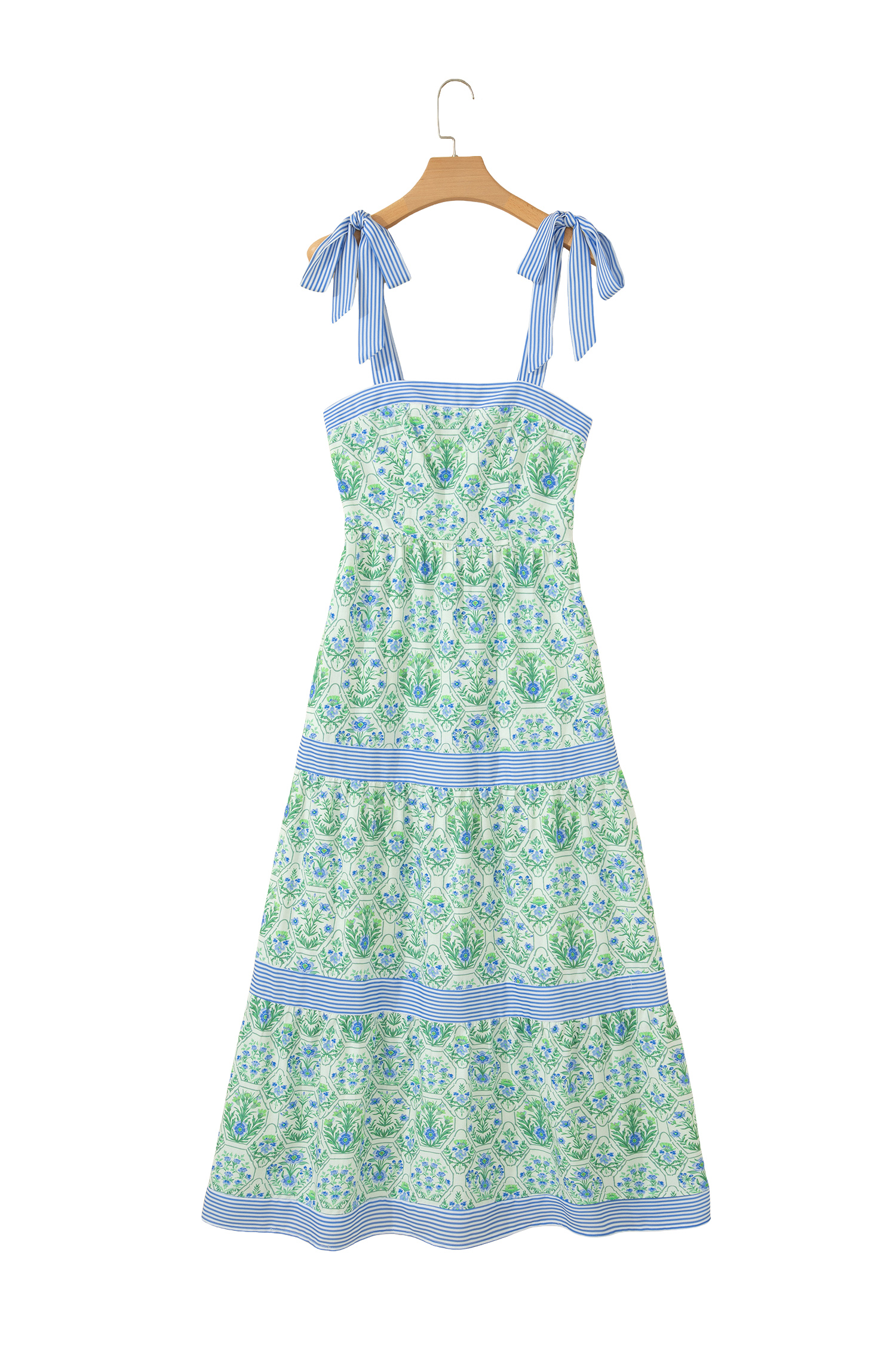 Green Geometric Floral Print Striped Patchwork Detail Sleeveless Dress（Runs Small ） view 26