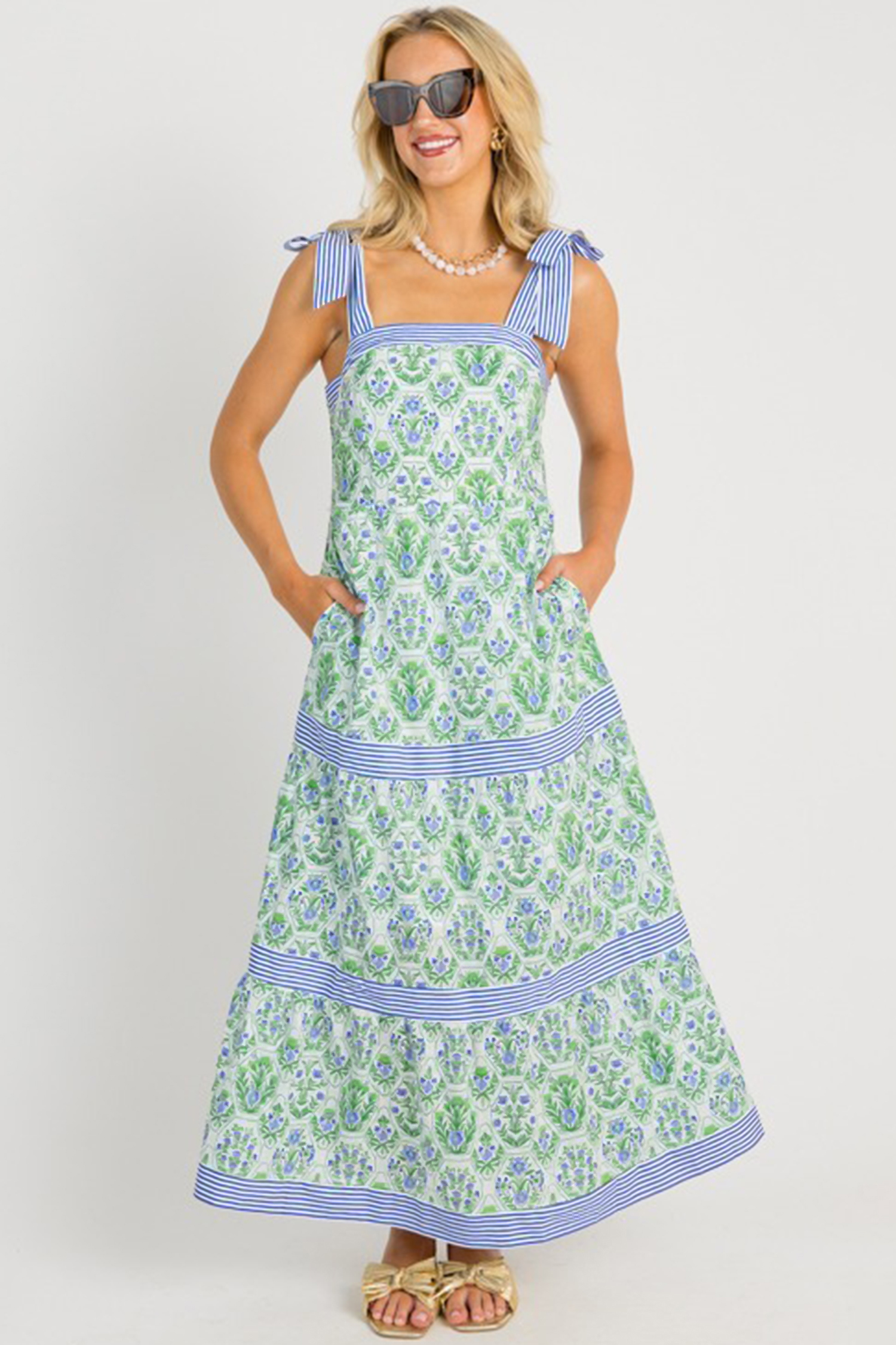 Green Geometric Floral Print Striped Patchwork Detail Sleeveless Dress（Runs Small ） view 13