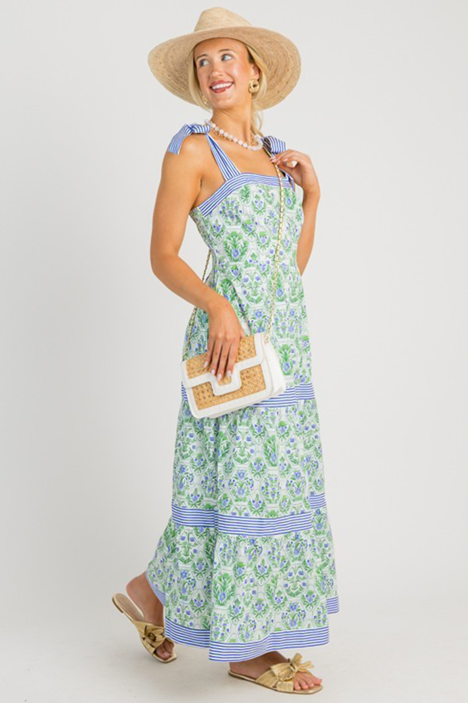Green Geometric Floral Print Striped Patchwork Detail Sleeveless Dress（Runs Small ） view 14