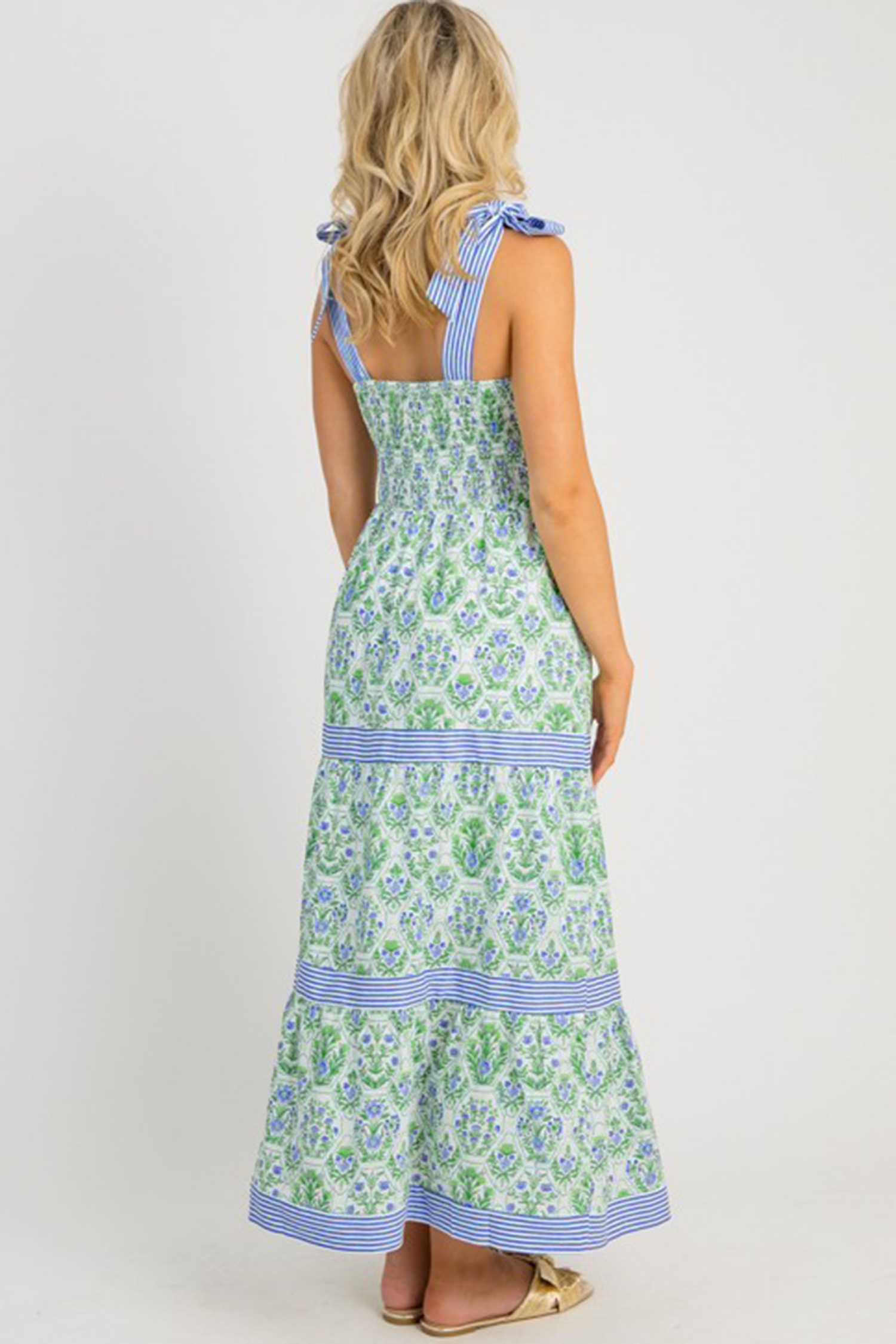 Green Geometric Floral Print Striped Patchwork Detail Sleeveless Dress（Runs Small ） view 11