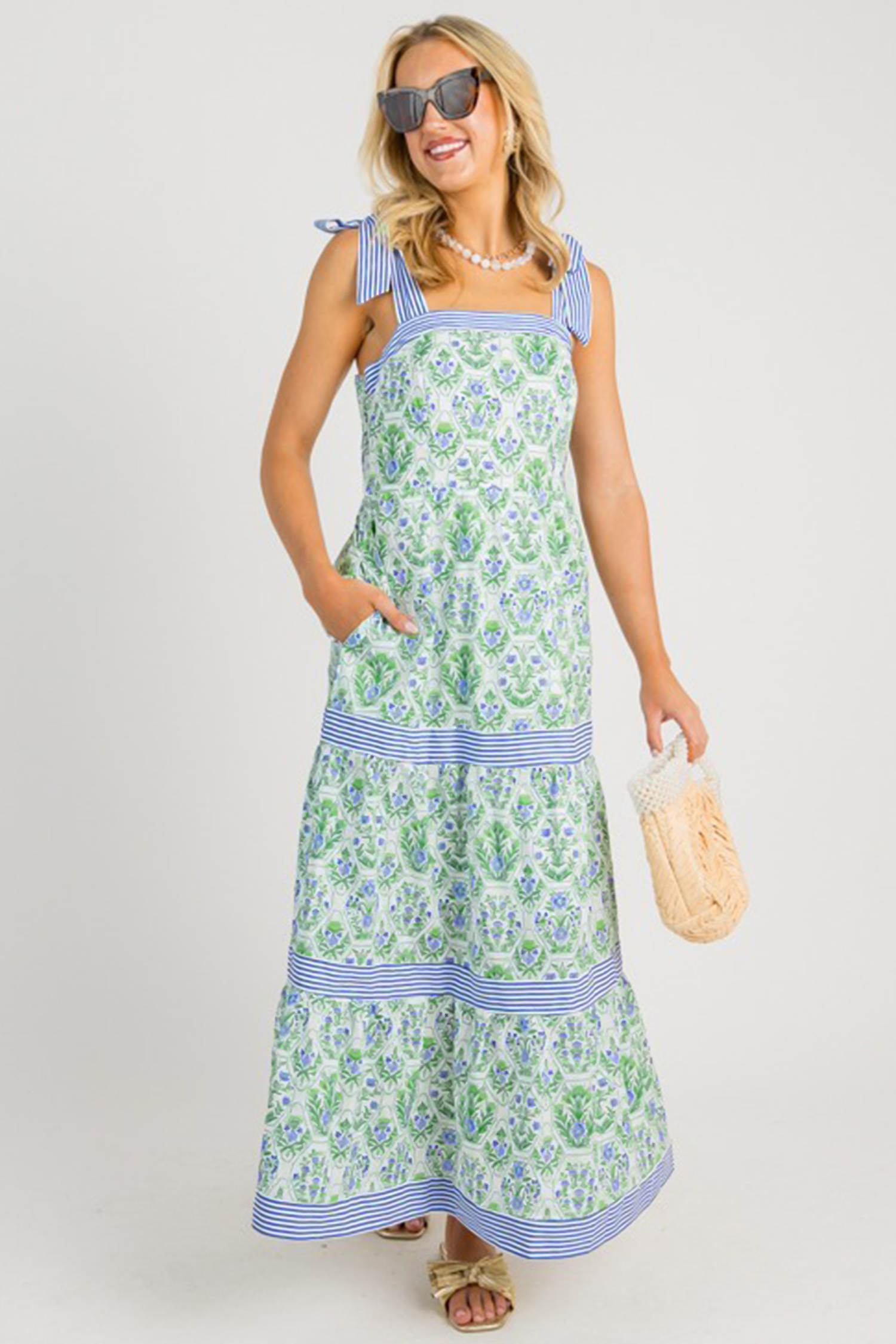 Green Geometric Floral Print Striped Patchwork Detail Sleeveless Dress（Runs Small ） view 15