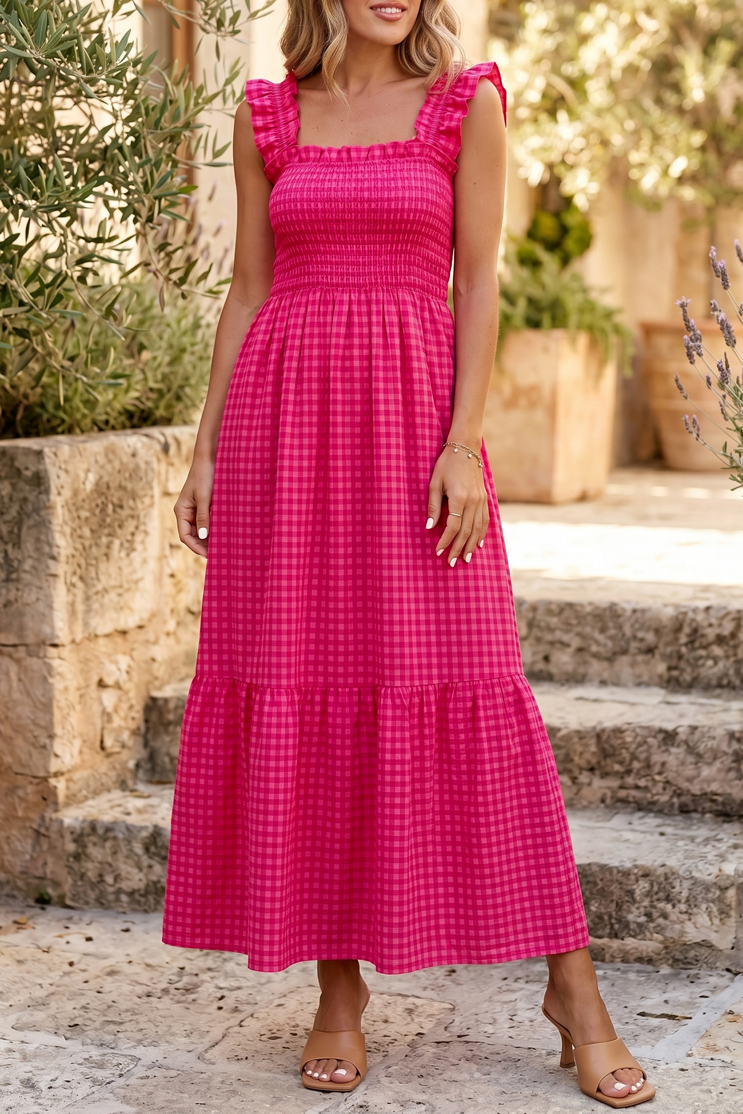 Red Plaid Square Neck Fit-and-flared Vacation Sundress view 9