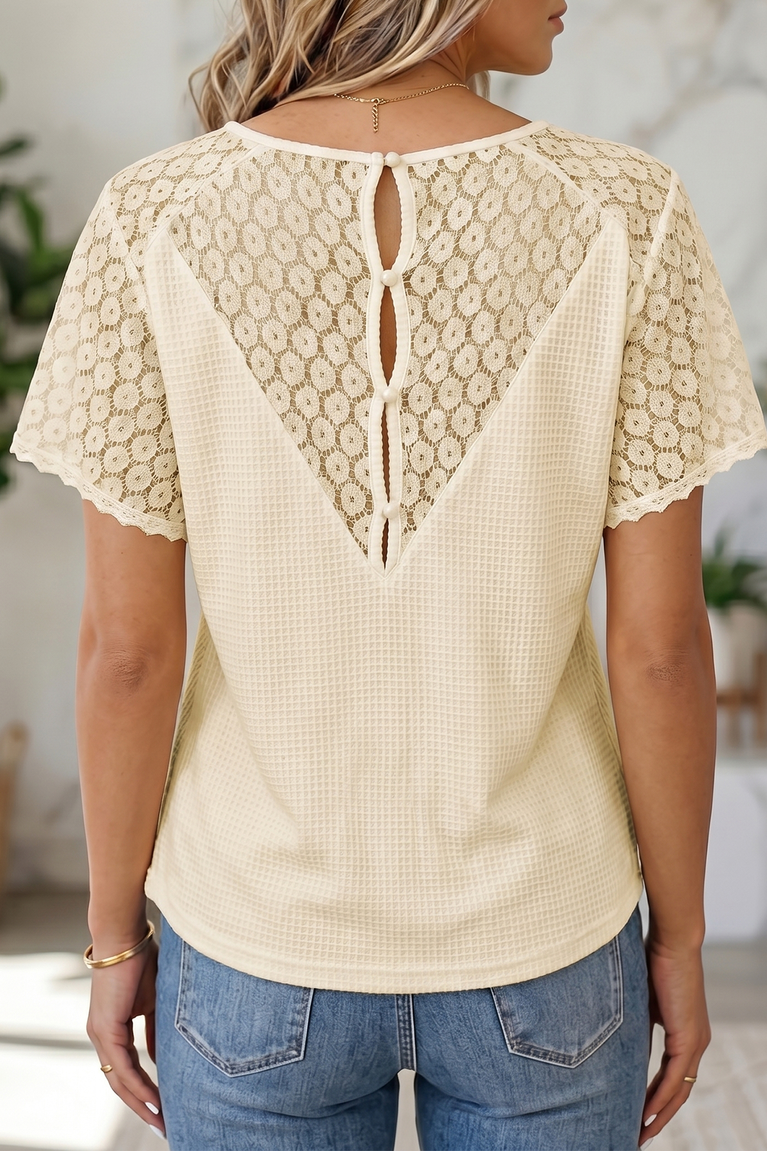 Beige Lace Splicing Button Cutout V Neck Waffle Knit Blouse view 2