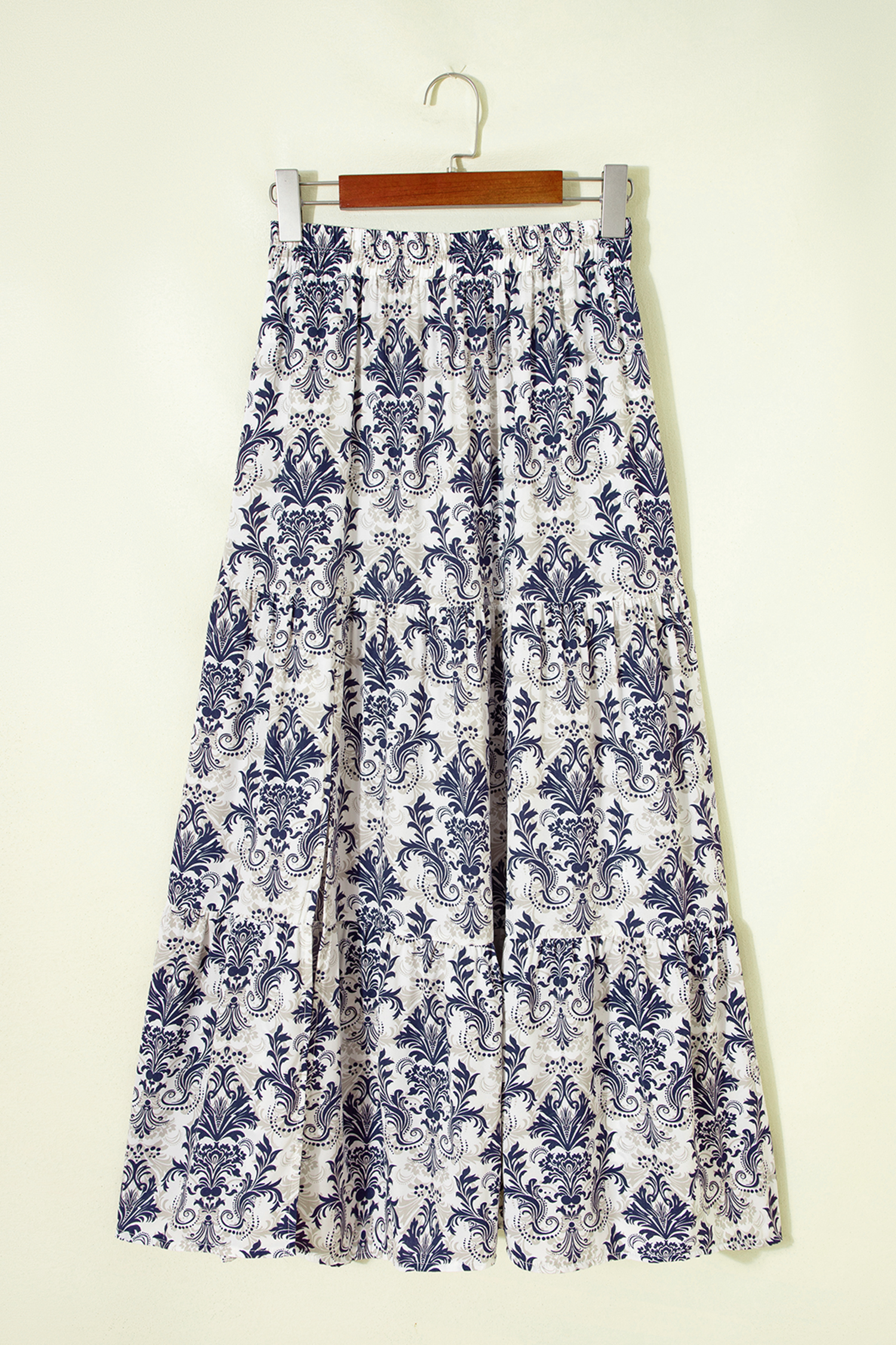 Blue Bohemian Floral Print Tiered Maxi Skirt with Split