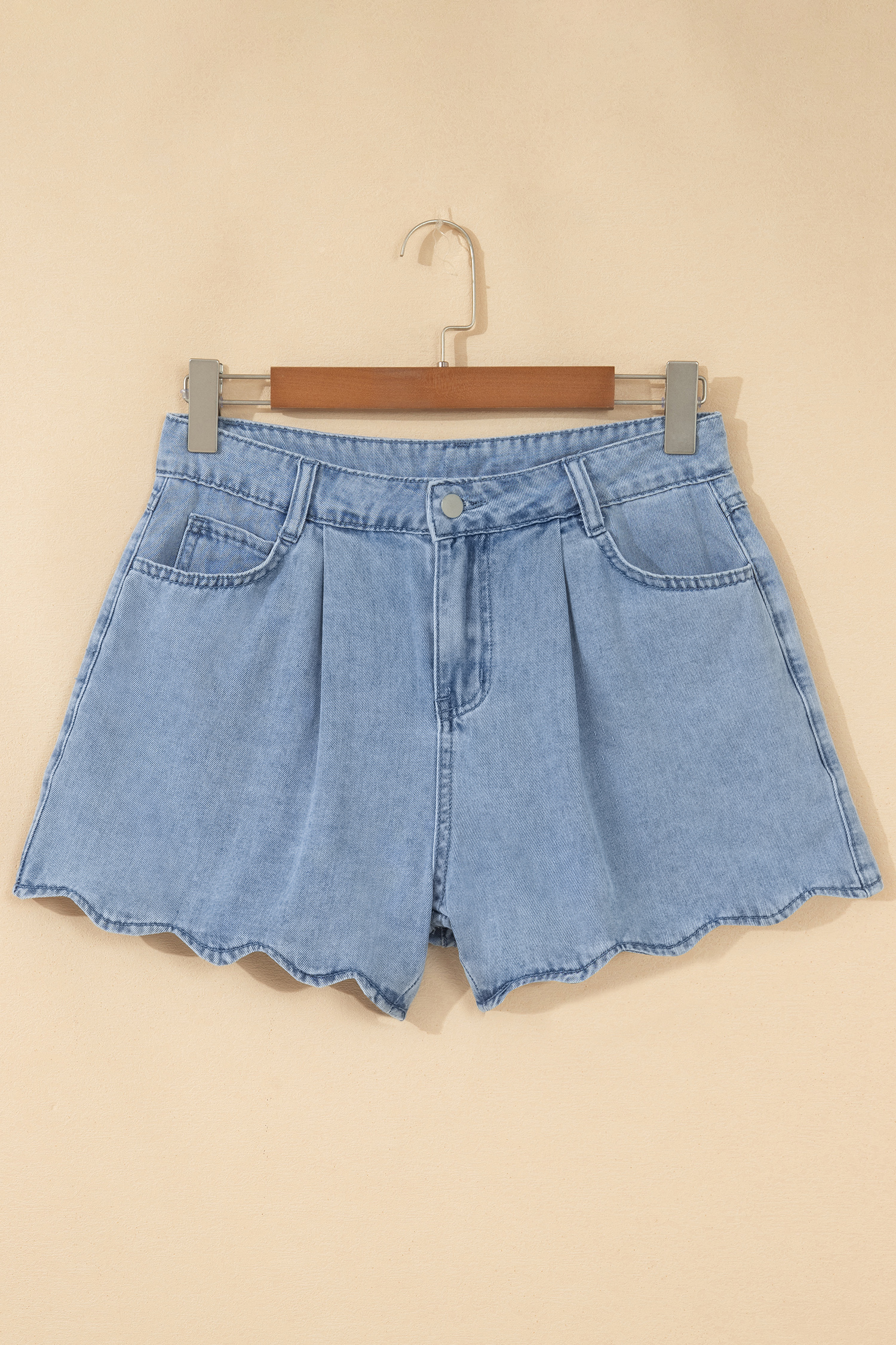 Myosotis Solid Color Scalloped Trim Casual Denim Shorts