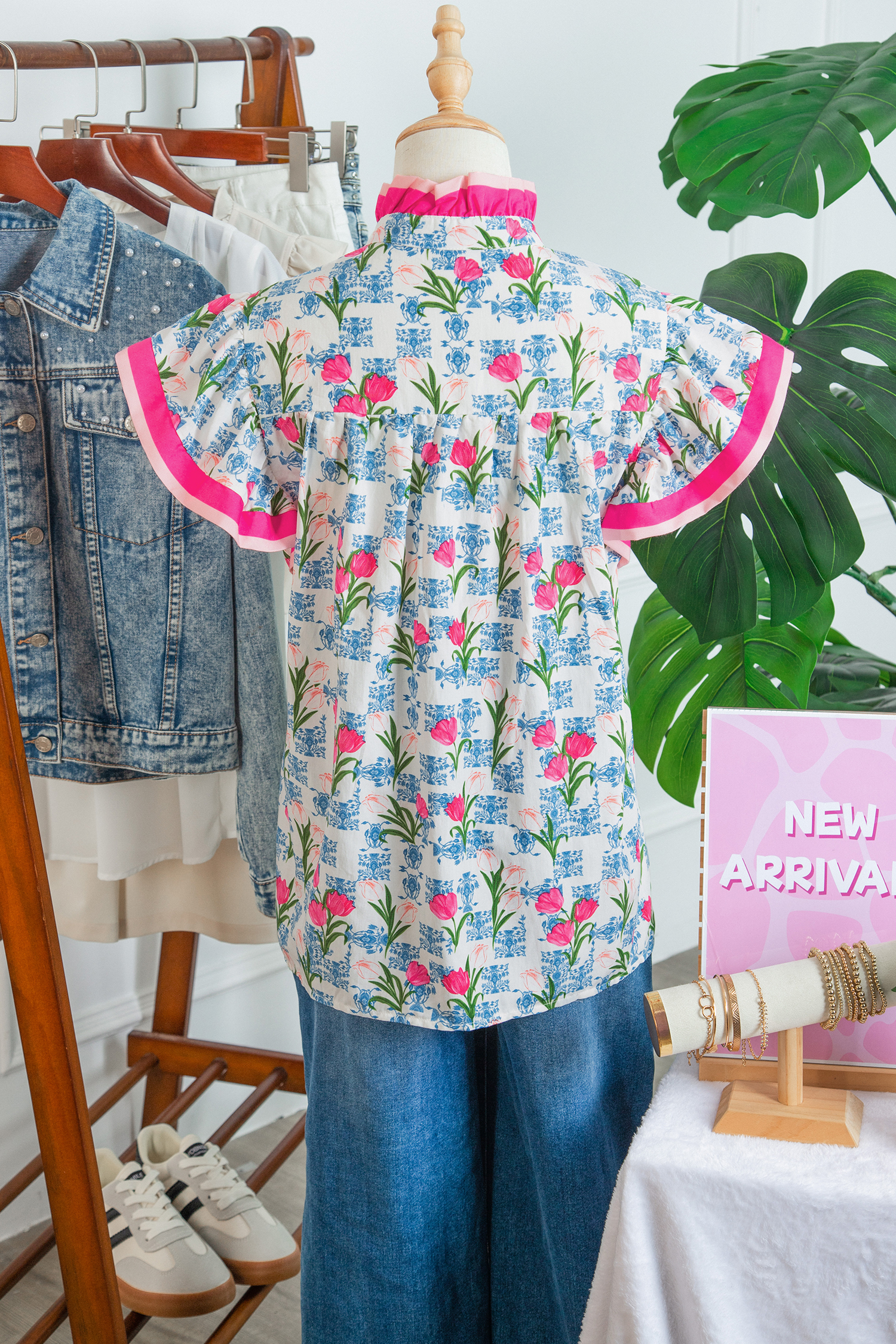 Rose Floral Print Color Block Striped Trim Flutter Sleeve Half Button Blouse view 4