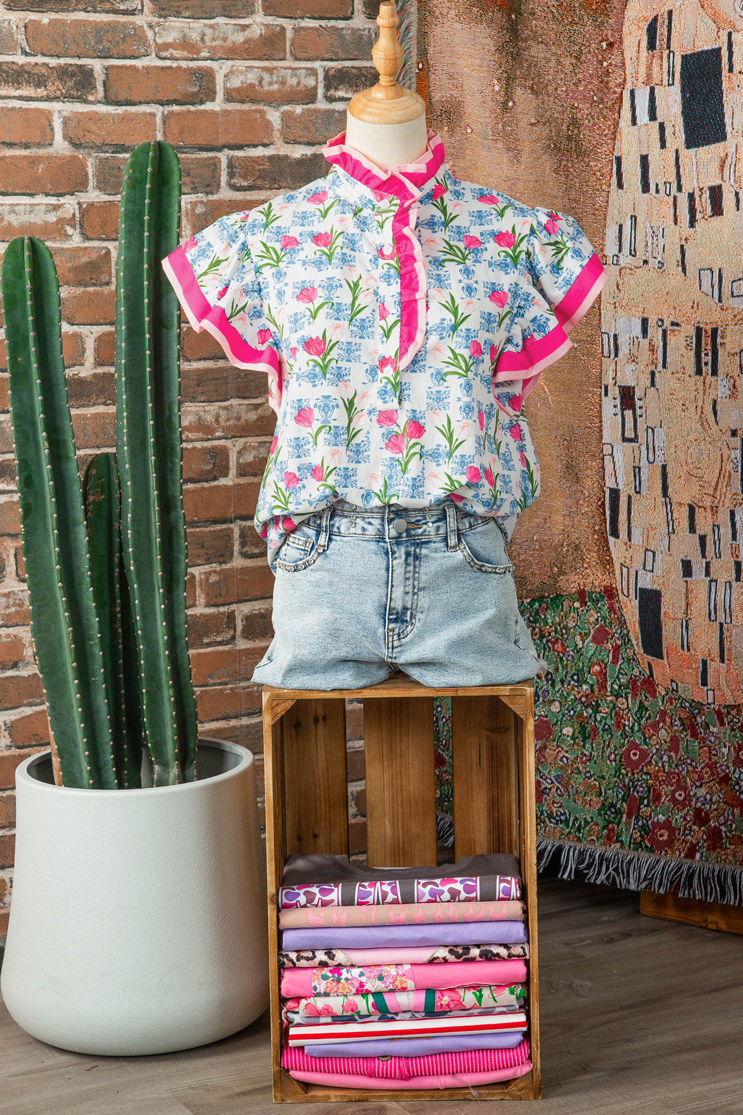 Rose Floral Print Color Block Striped Trim Flutter Sleeve Half Button Blouse view 6