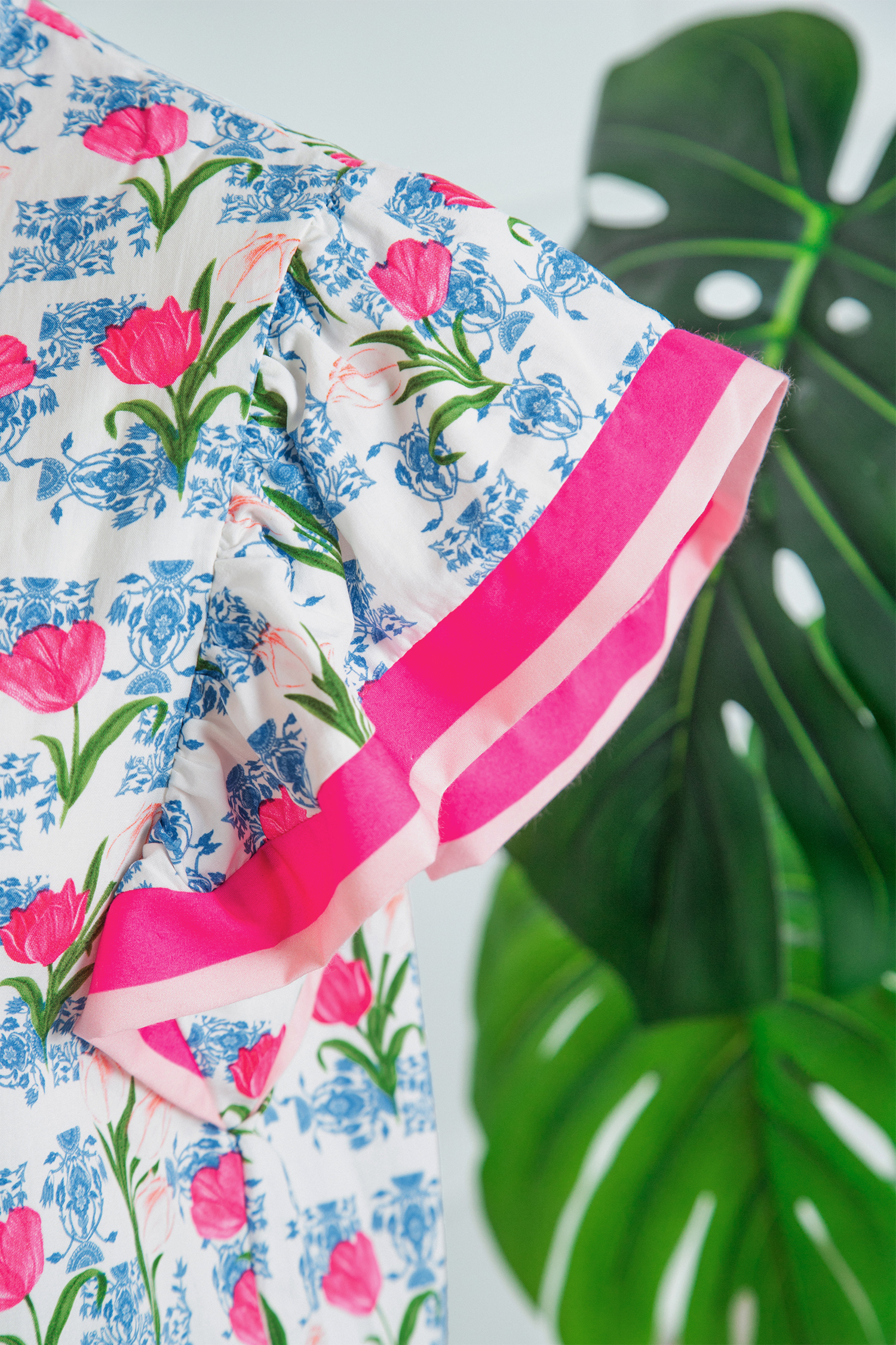 Rose Floral Print Color Block Striped Trim Flutter Sleeve Half Button Blouse view 12
