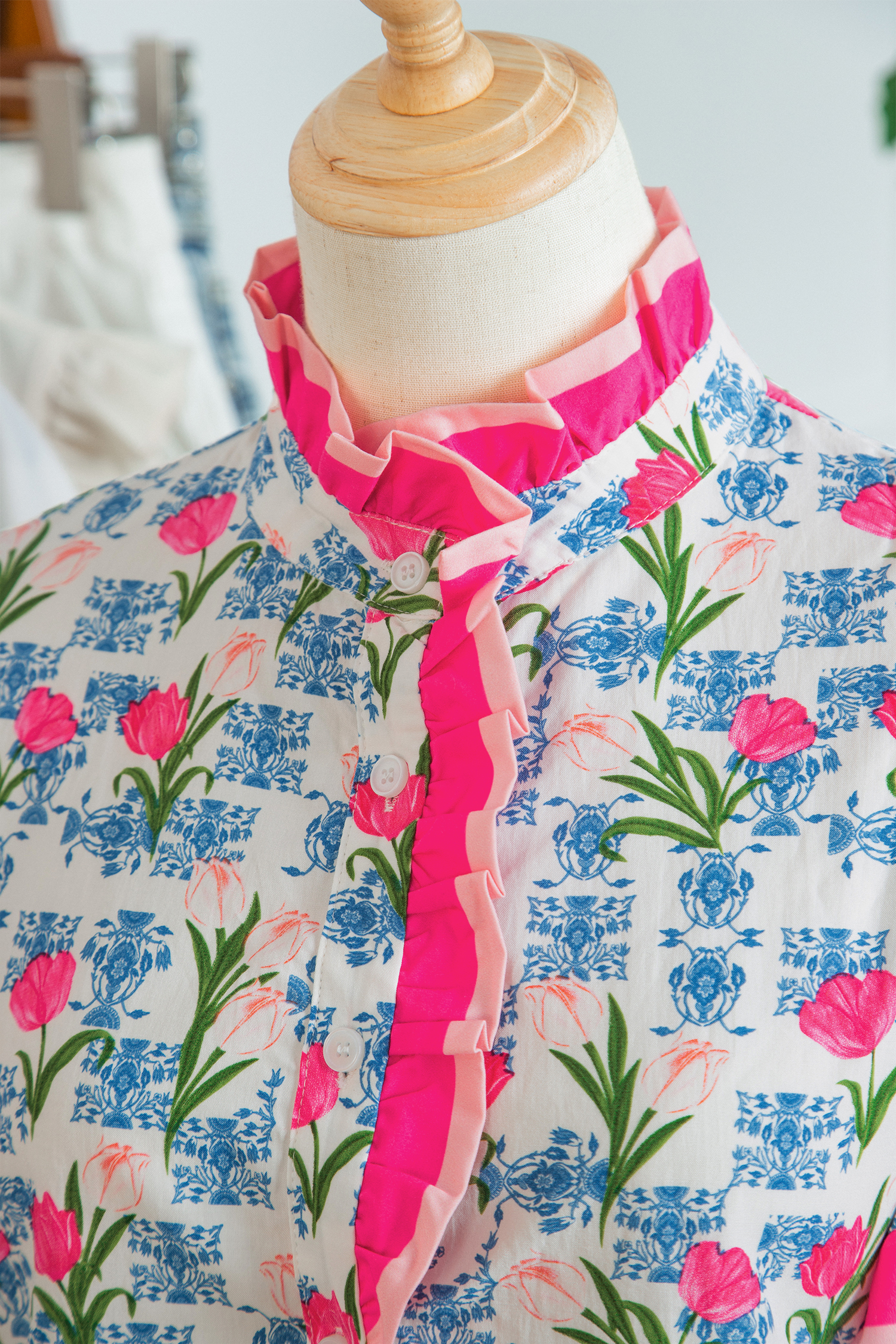 Rose Floral Print Color Block Striped Trim Flutter Sleeve Half Button Blouse view 11