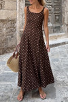 Brown Polka Dot Print Square Neck Sleeveless Vacation Long Dress