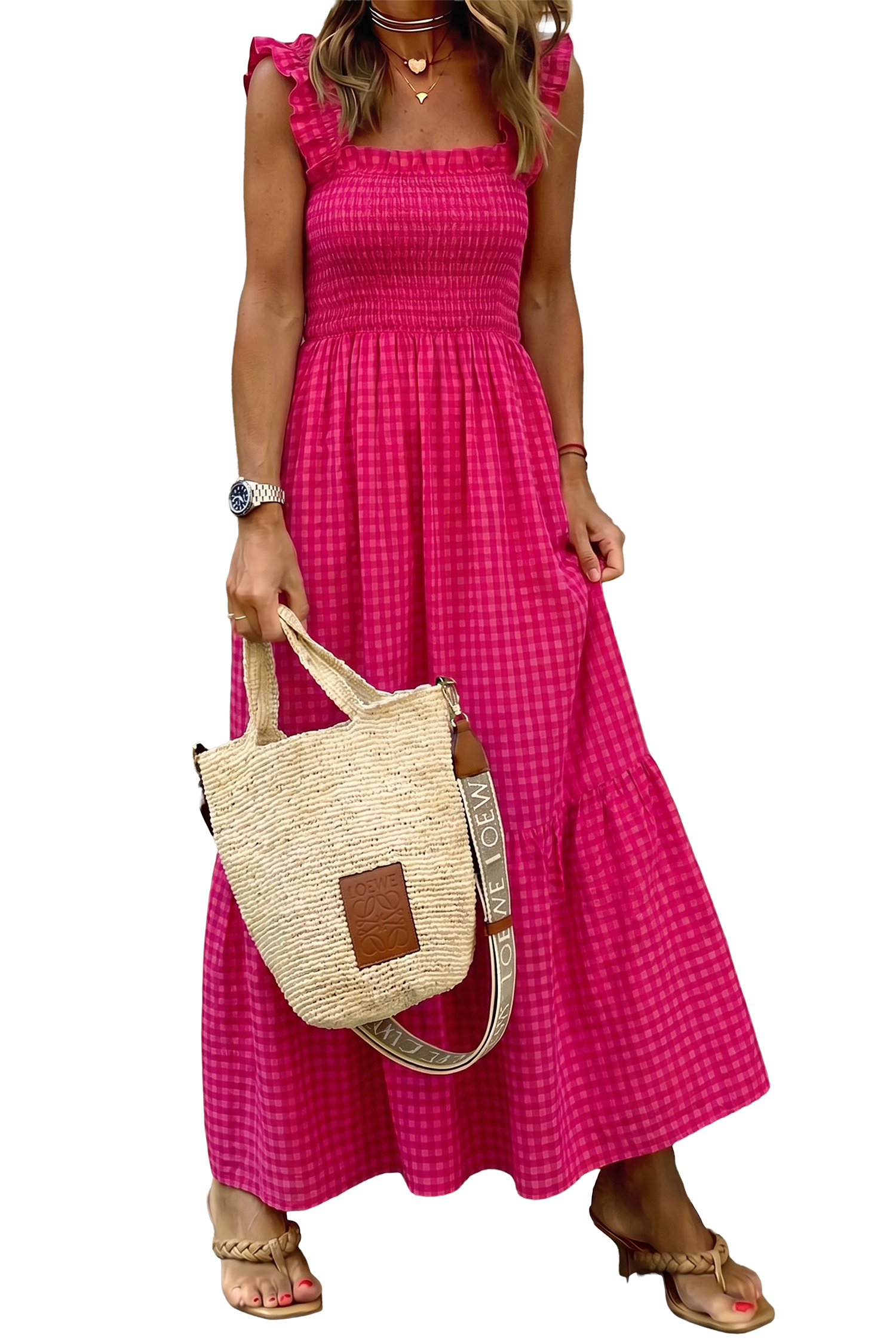 Red Plaid Square Neck Fit-and-flared Vacation Sundress view 22