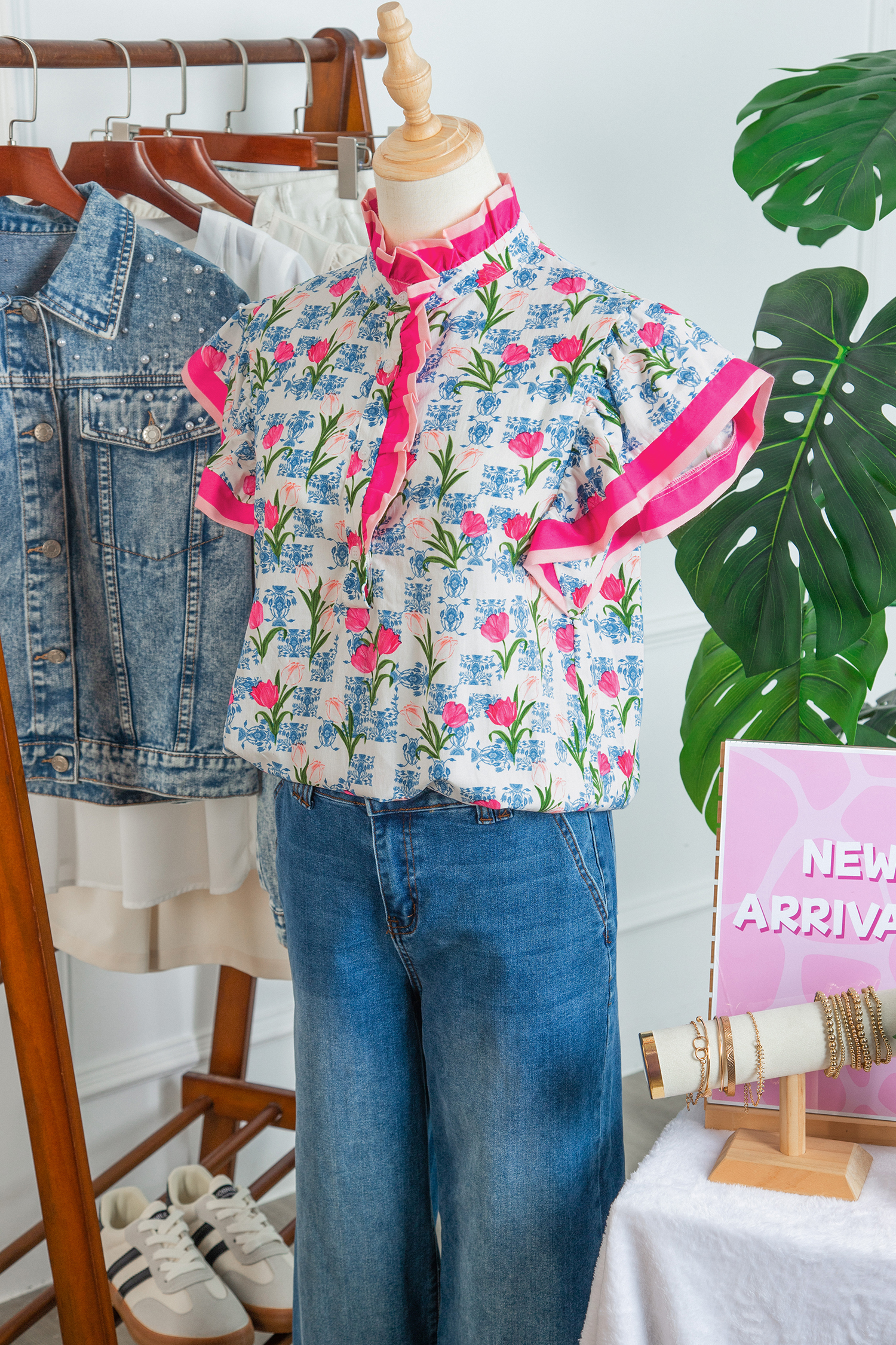 Rose Floral Print Color Block Striped Trim Flutter Sleeve Half Button Blouse view 10